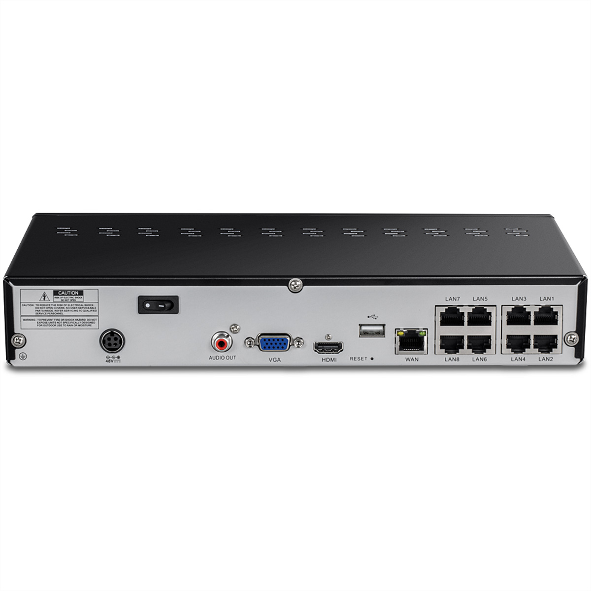 Rückseite eines schwarzen Geräts mit Anschlüssen wie LAN, HDMI und Audioausgang.
