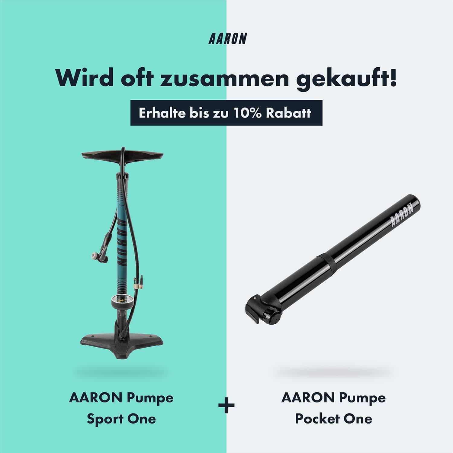 Zwei Fahrradpumpen, eine blau-schwarz, eine schwarz. Text sagt, dass sie oft zusammen mit Rabatt gekauft werden.