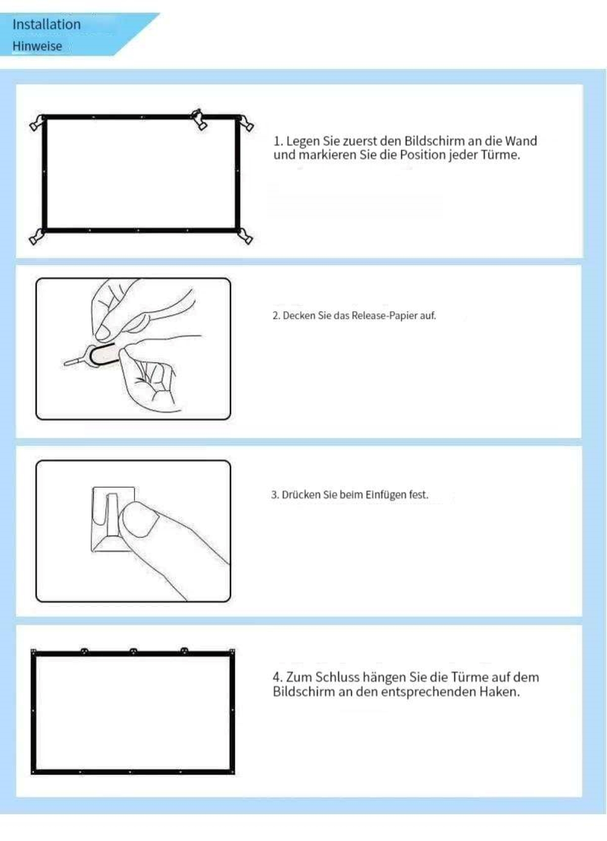 Diagramm, das Schritte zur Installation einer Leinwand an einer Wand mit Haken zeigt.