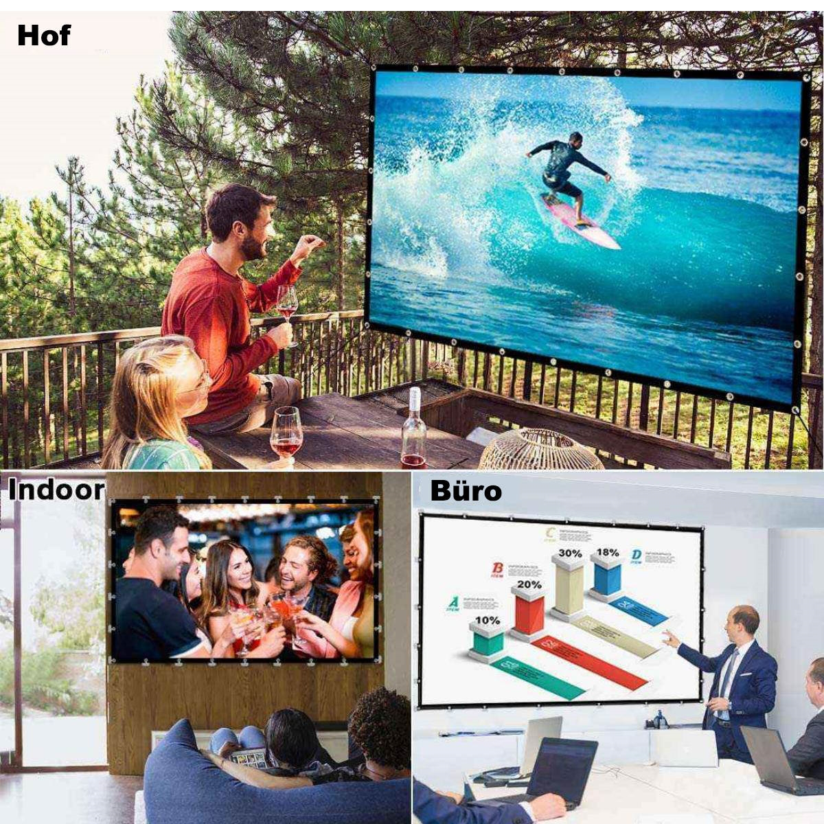 Vier Leinwände mit verschiedenen Szenen: Strand, Indoor-Treffen, Büropräsentation und Film.