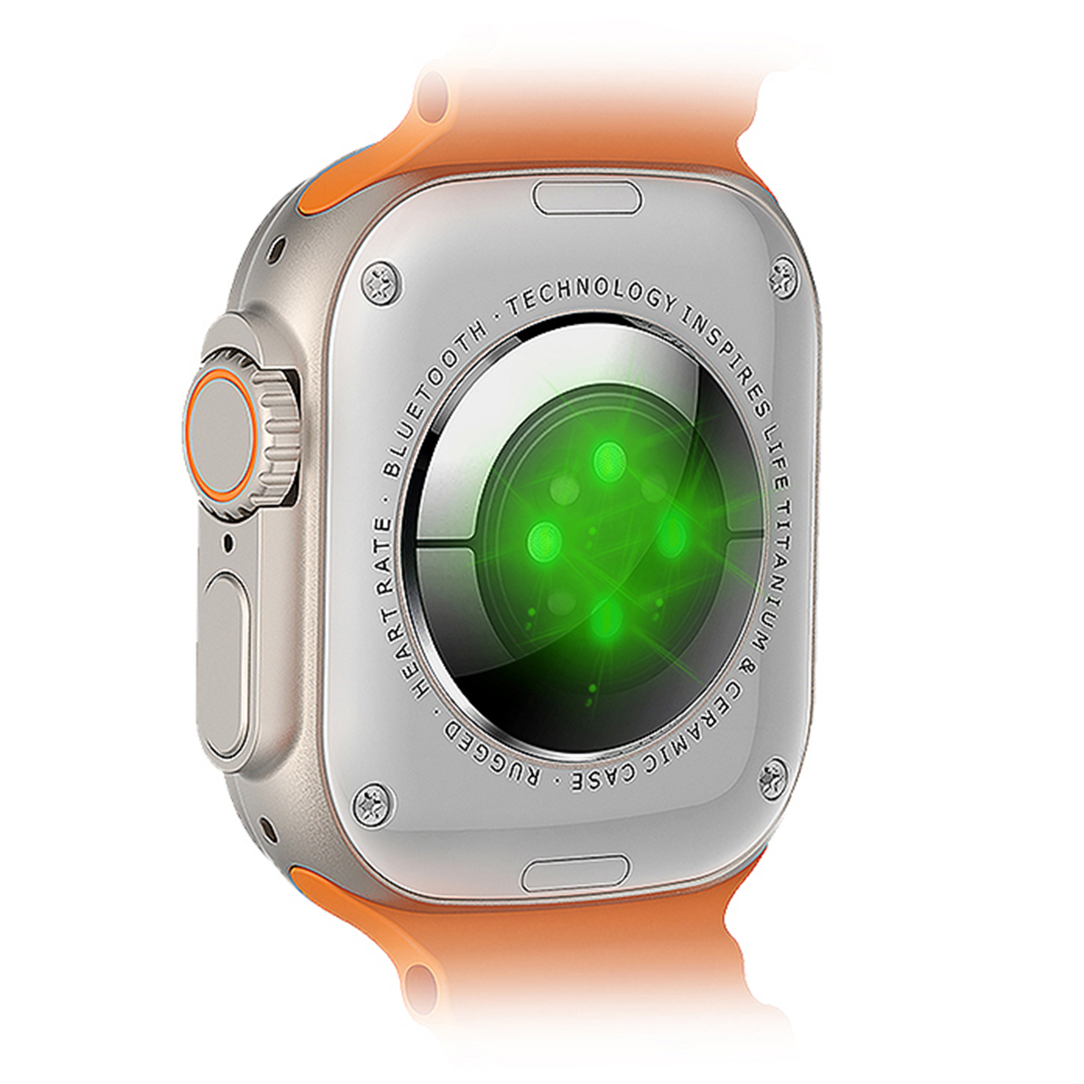 Vista trasera de cerca de un smartwatch. El reloj tiene una caja plateada y una correa naranja.