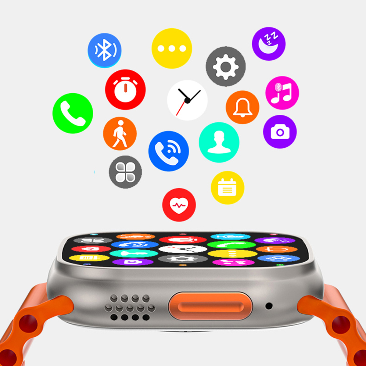 Reloj inteligente con varios iconos de aplicaciones y una vibrante banda naranja, sobre fondo blanco.