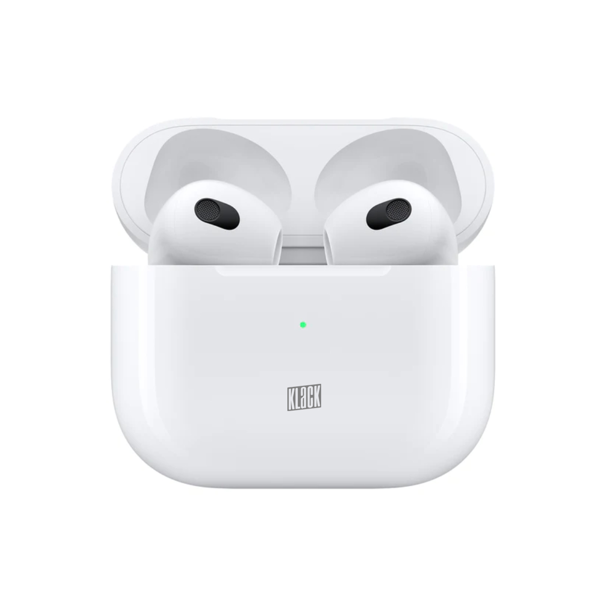 Auriculares blancos y estuche de carga, con la marca 'KLECK' visible en el estuche.