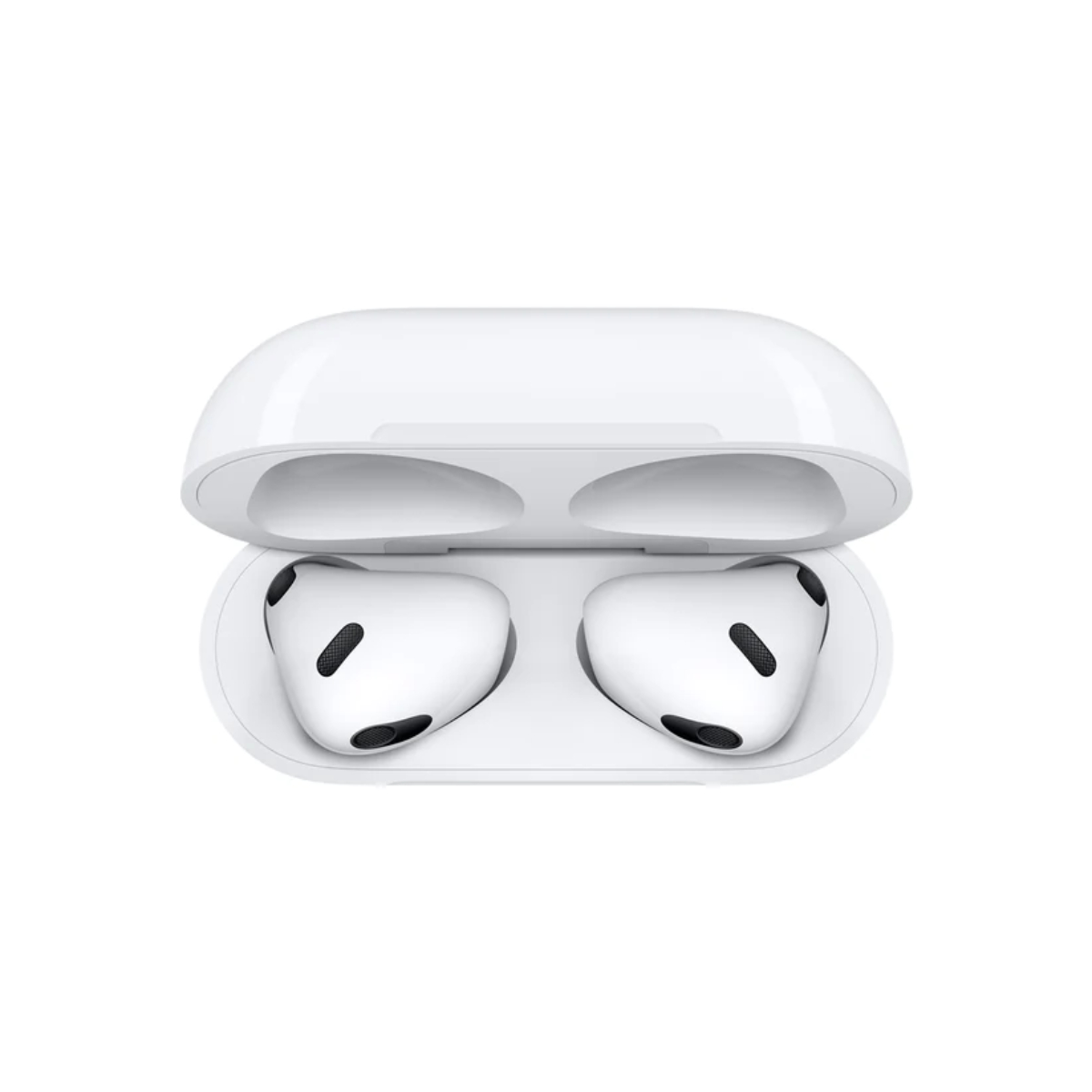 Estuche de carga blanco con dos auriculares blancos dentro. Malla negra dentro de los auriculares.