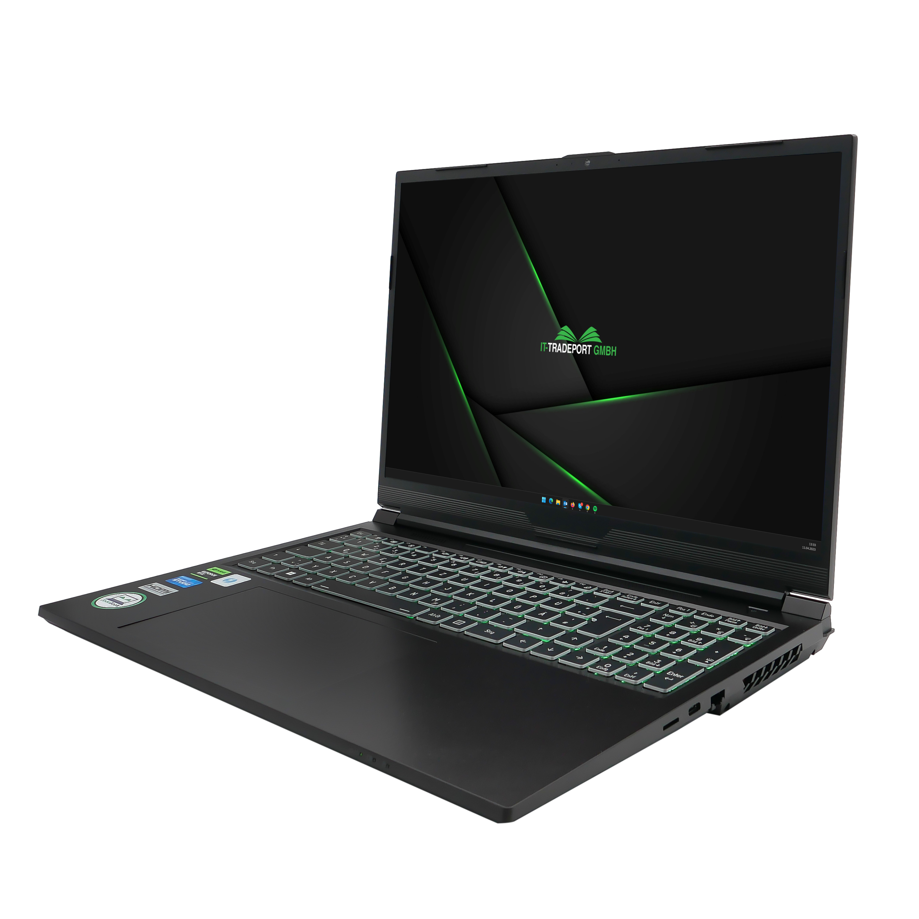 Ein schwarzer Laptop mit grün beleuchteter Tastatur, geöffnet auf weißem Hintergrund.