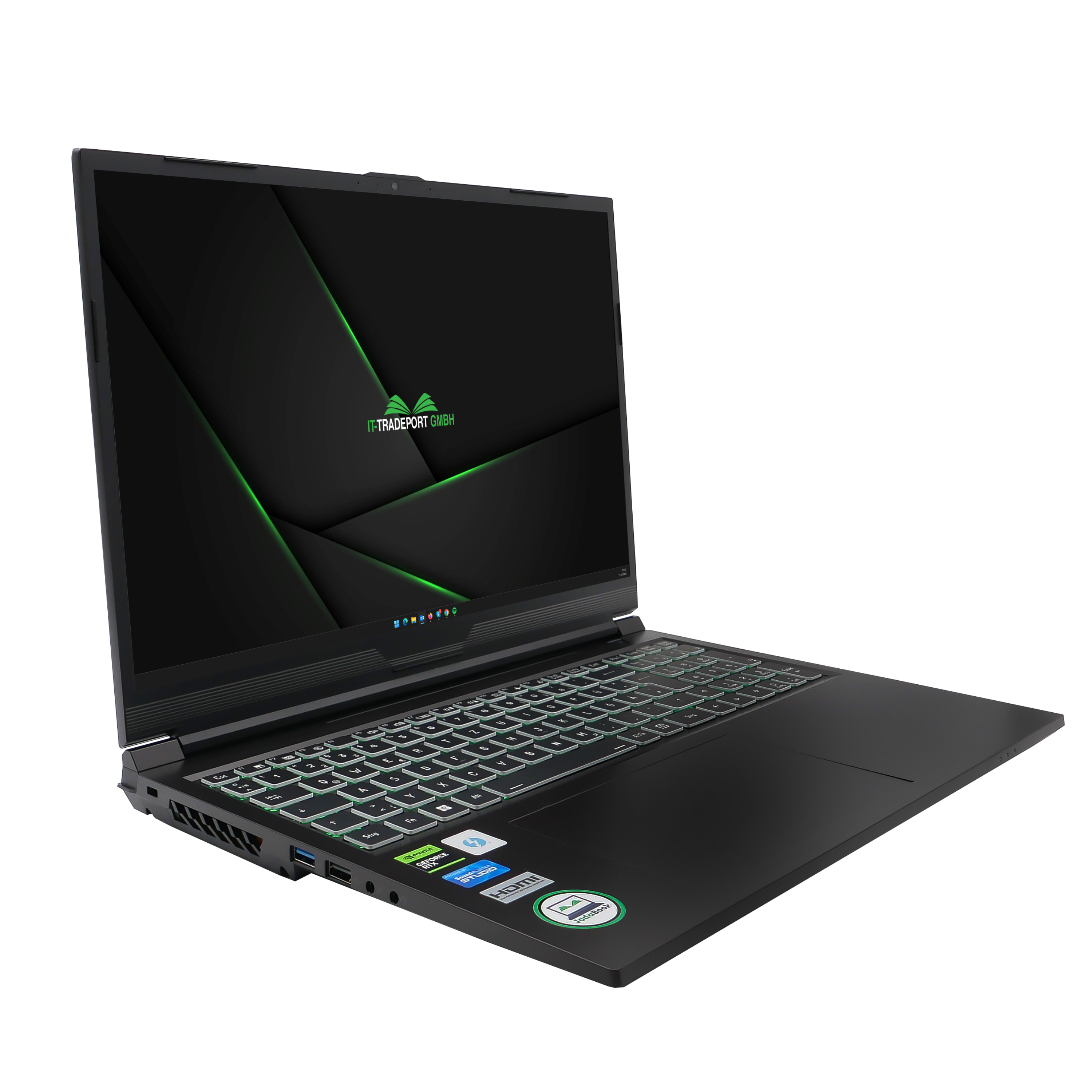 Ein schwarzer Laptop mit grüner, leuchtender Tastatur, geöffnet auf einer weißen Oberfläche.