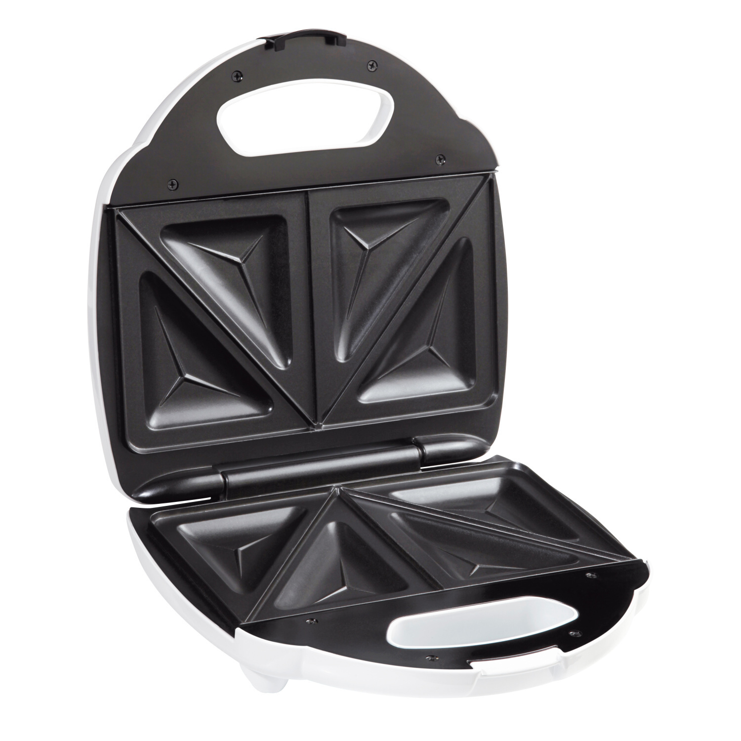 Otwarta biała opiekacz do kanapek. Czarne wnętrze z trójkątnymi formami do kanapek.