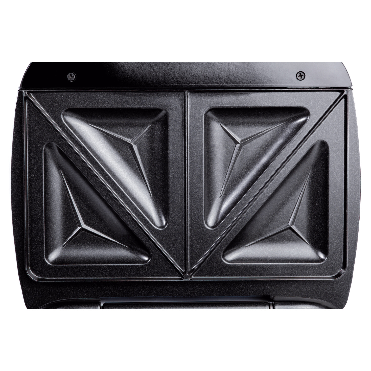 Zamknięta, czarna opiekacz do kanapek z teksturowaną powierzchnią, widok z góry.