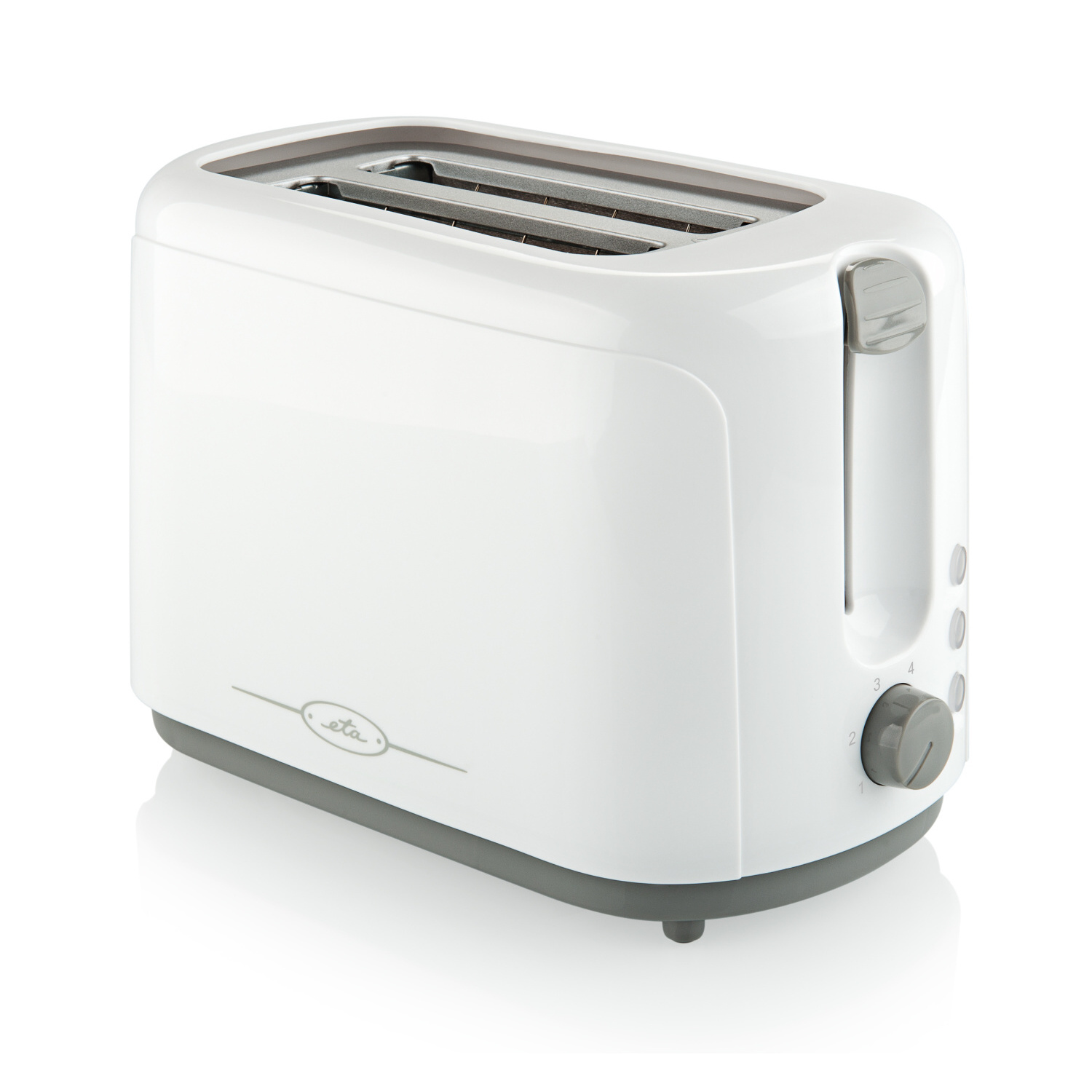 Weißer Toaster mit grauem Sockel und Drehknopf. Weißer Hintergrund.