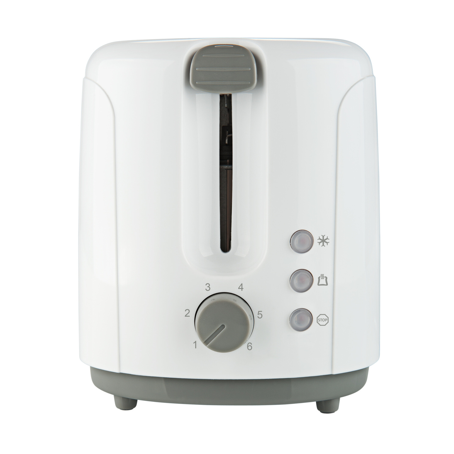 Ein weißer Toaster mit grauem Drehregler und Knöpfen, isoliert auf Weiß.