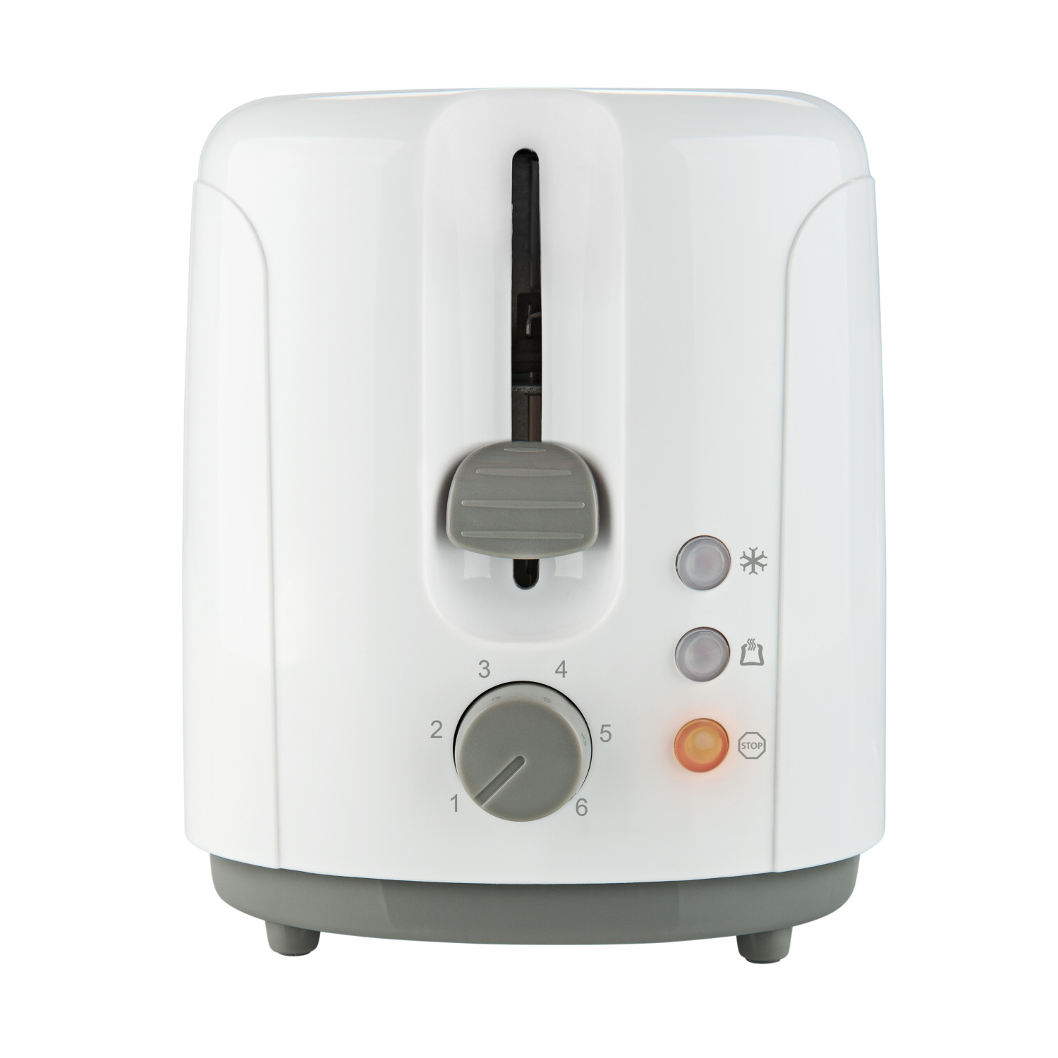 Ein weißer Toaster mit Drehregler, Knöpfen und Stopptaste.