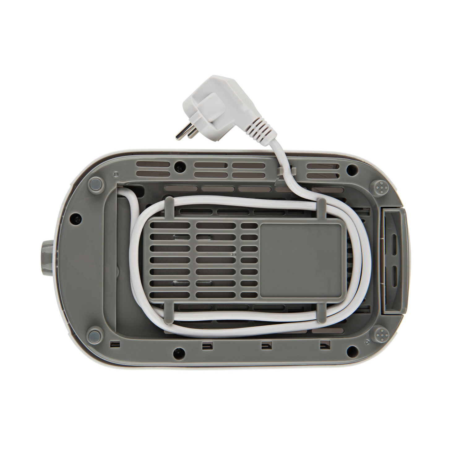 Die Unterseite eines weiß-grauen Toasters, die Heizelemente und das Netzkabel zeigend.