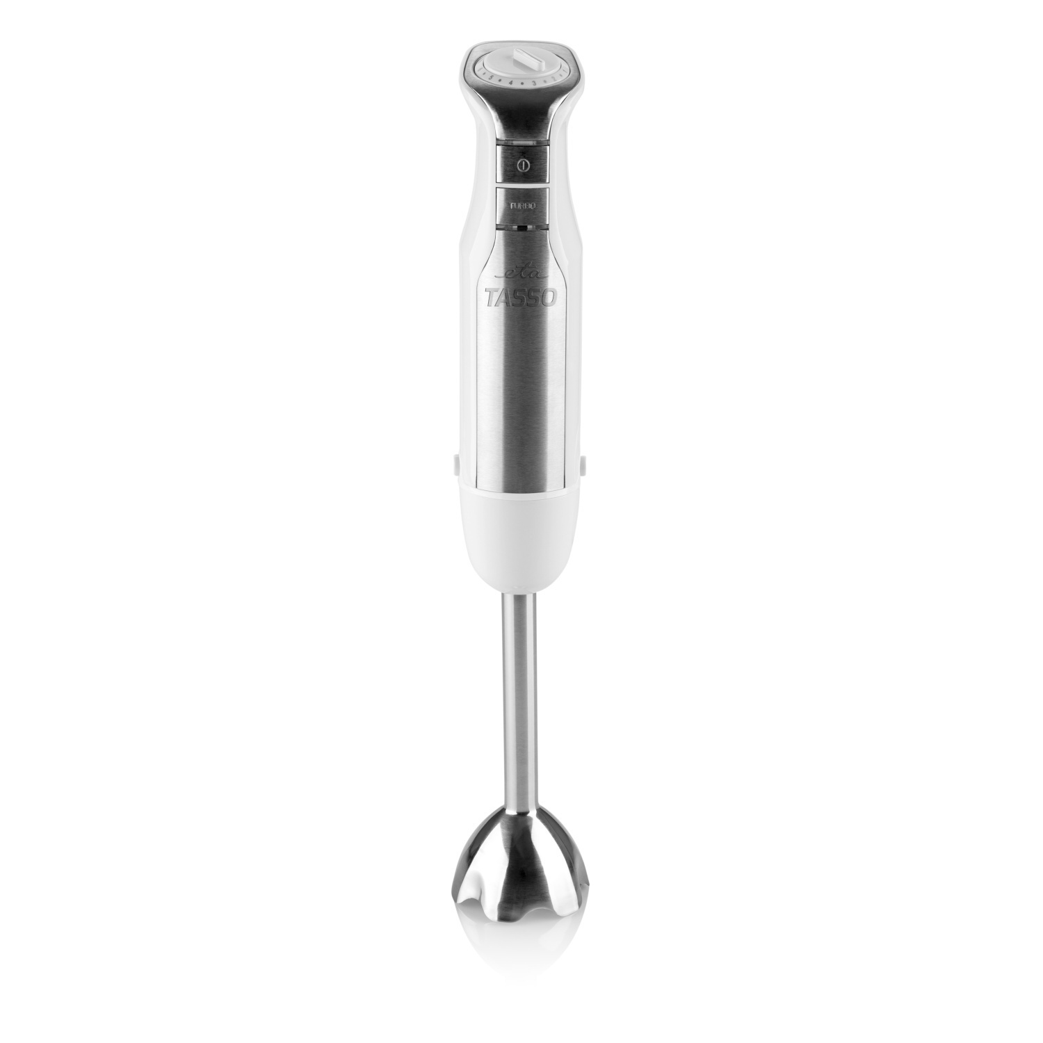 Weißer und silberner Stabmixer. Weißer Hintergrund.