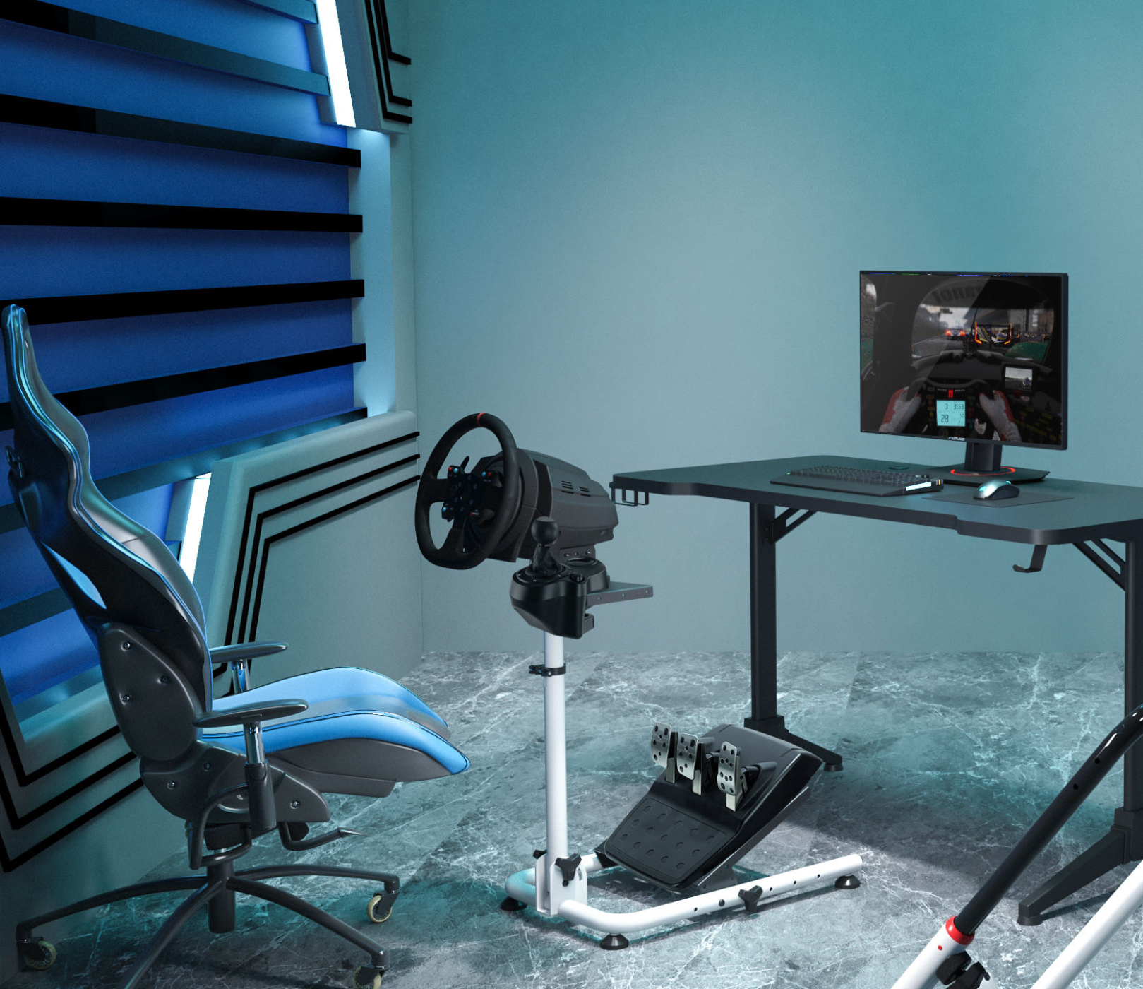 Gaming-Setup mit blauem Gaming-Stuhl, Lenkrad, Monitor, der ein Spiel anzeigt.