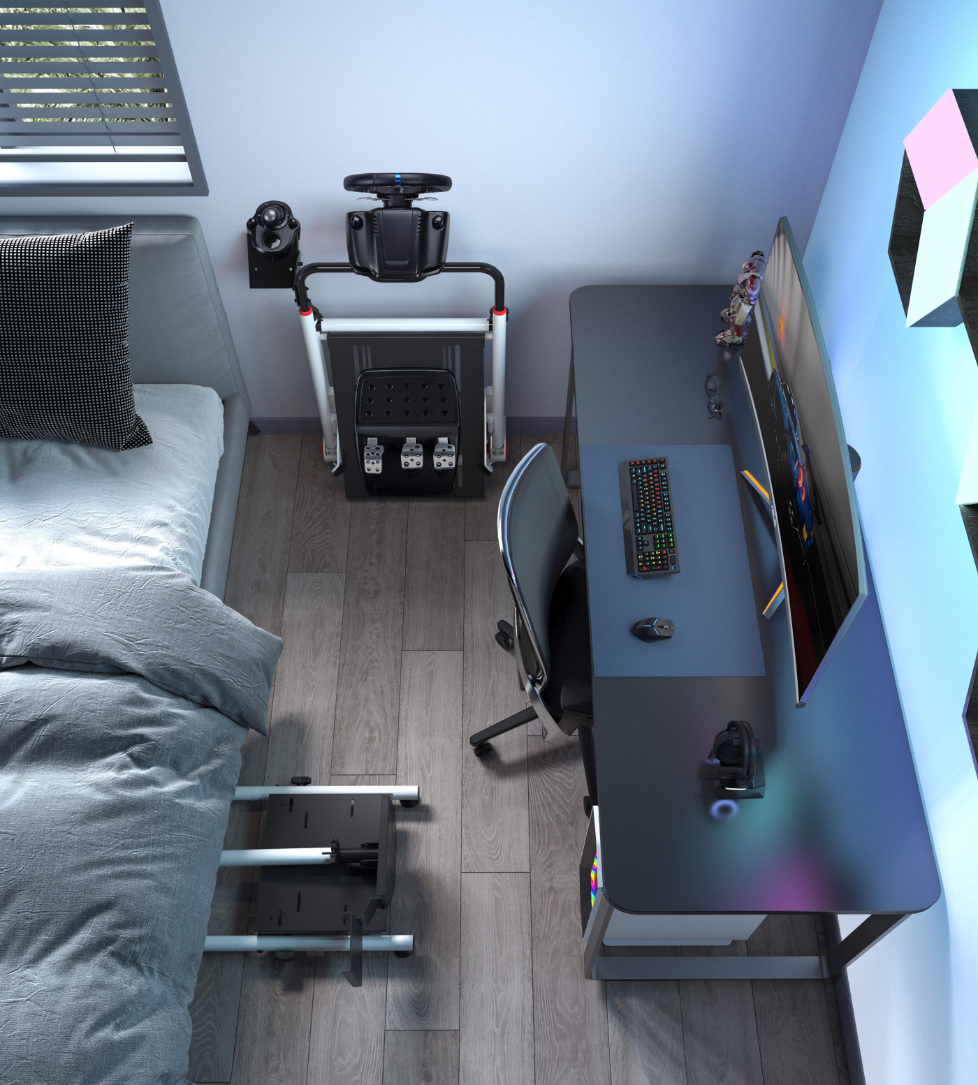 Draufsicht auf ein Gaming-Setup mit Rennrad, Stuhl und Monitoren.