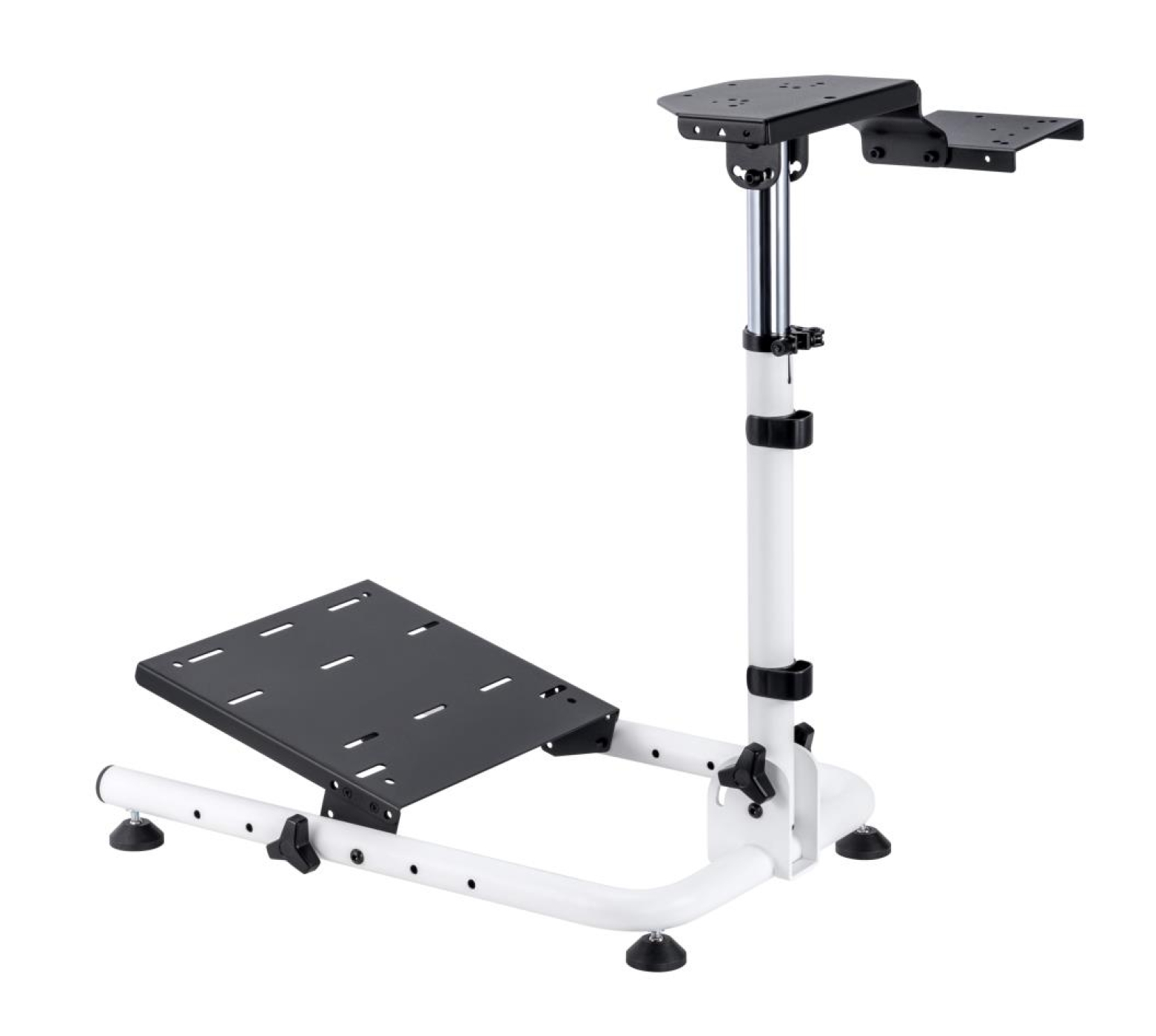 Weiß-schwarzer Gaming-Chair-Ständer. Verfügt über einen Sockel, eine verstellbare Stange und Plattformen.