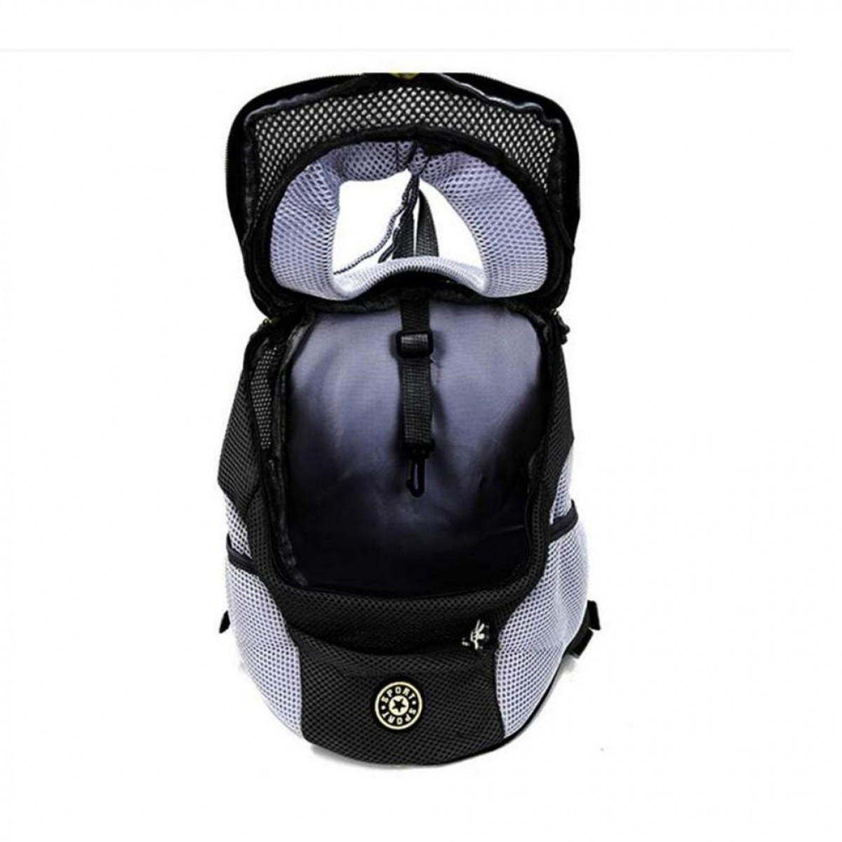 Pet carrier backpack, black and gray, open top with mesh, star logo on front.