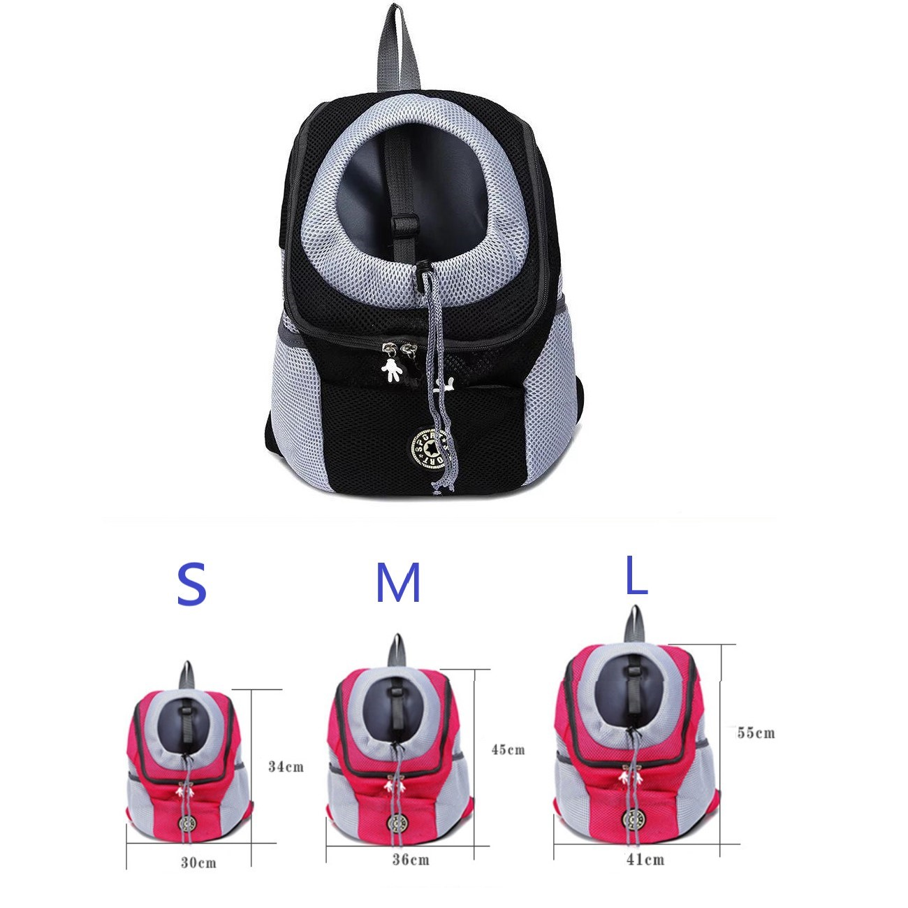 A dog backpack in three sizes: S, M, and L. The backpack has a hole for the dog's head.
