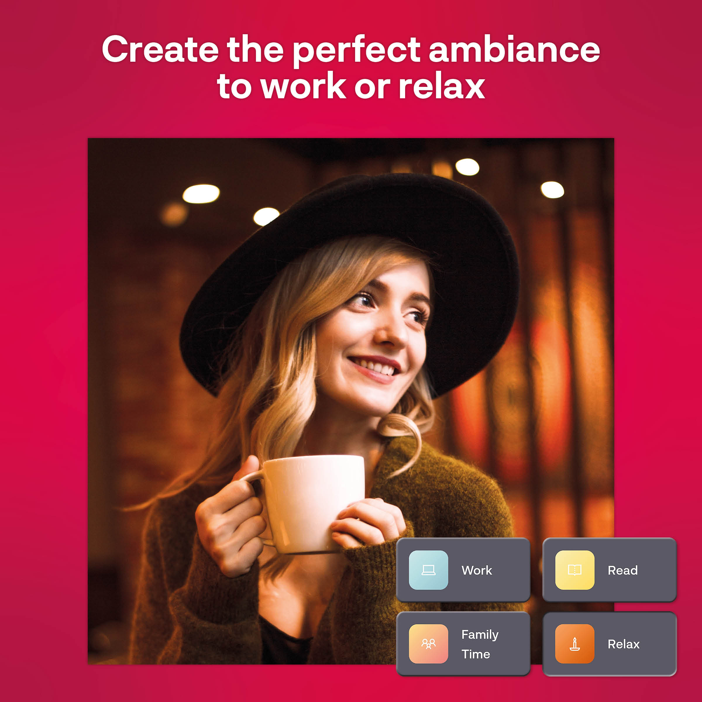 Kobieta z filiżanką kawy. Ma na sobie czarny kapelusz. Przyciski do pracy, czytania, czasu z rodziną, relaksu.