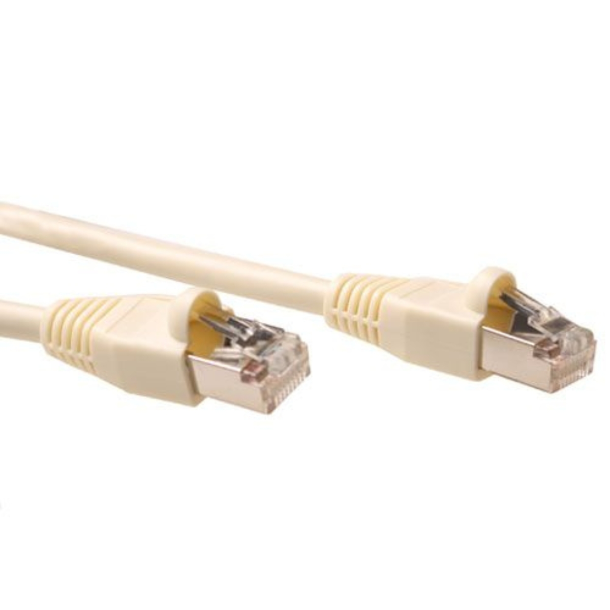 Deux câbles Ethernet beiges avec connecteurs sur fond blanc.