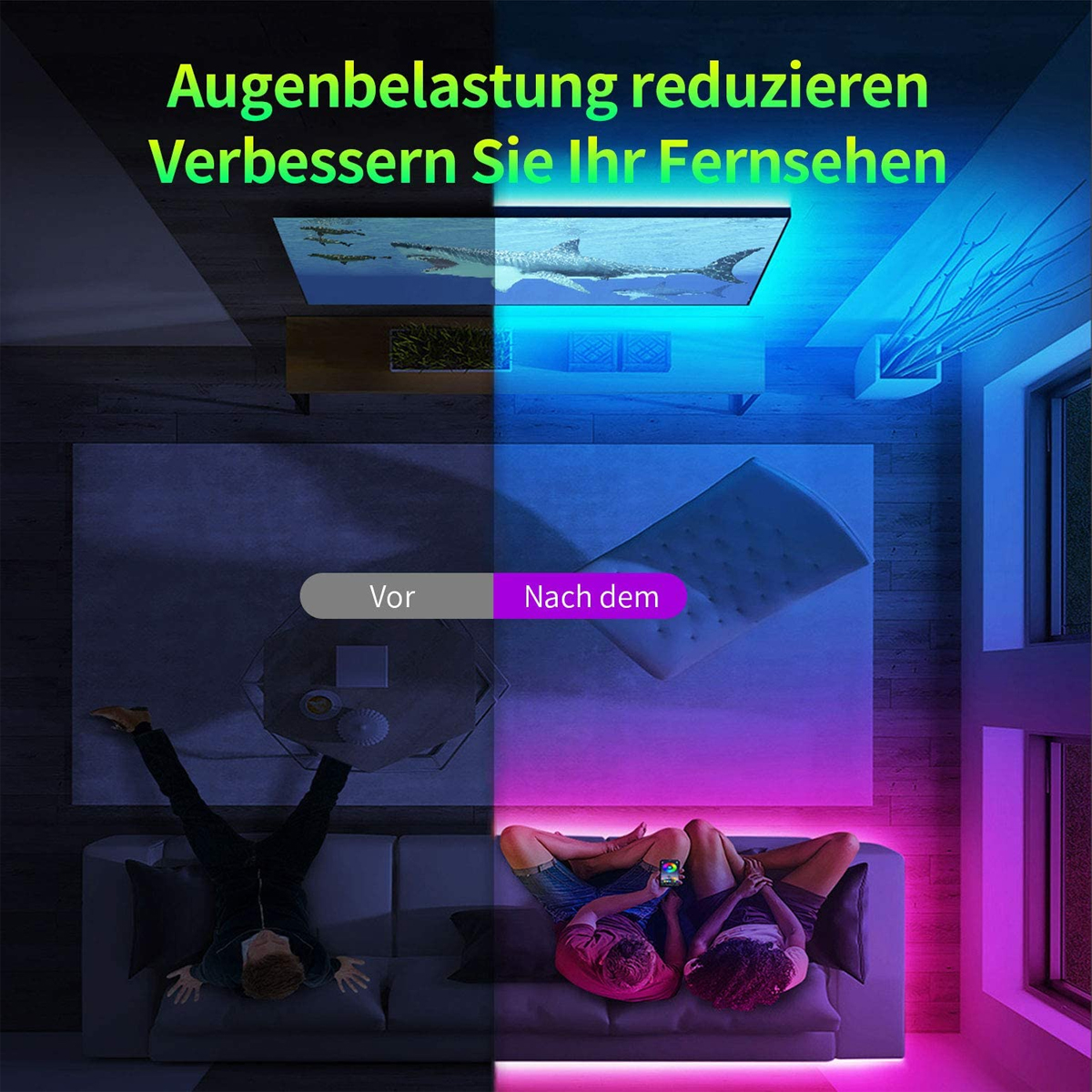 Zimmer mit zwei Personen auf einem Sofa, vor und nach einer Augenbelastungsreduzierung. Lichter und TV.