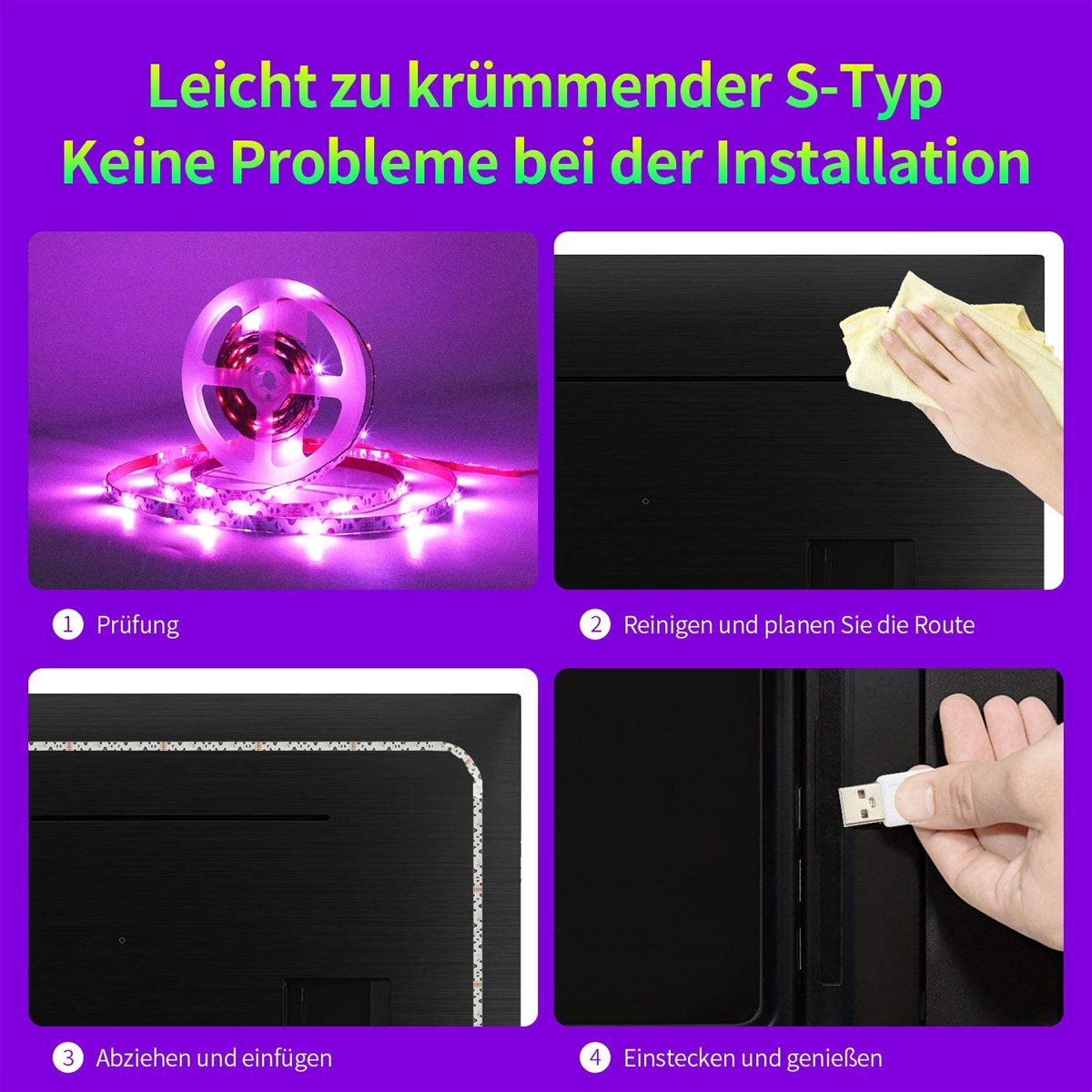 Eine Sequenz, die die Schritte zum Anbringen eines LED-Streifens zeigt. Der Streifen ist flexibel und einfach zu installieren.