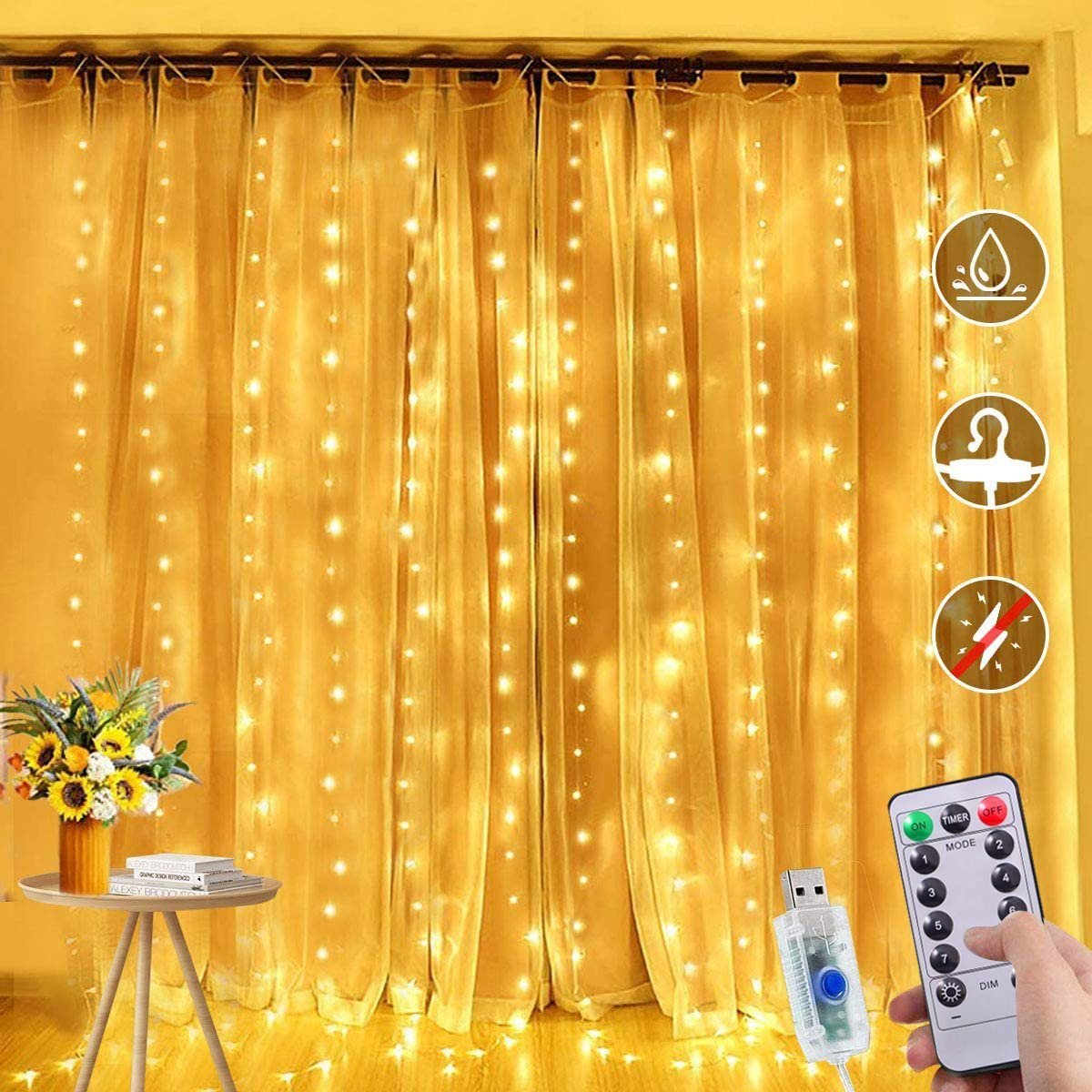 LAMON Vorhang Licht, LED-Vorhangleuchte, Fernbedienung Strip, 3x3m Warmweiß LED 300 Lichter, Vorhangleuchten
