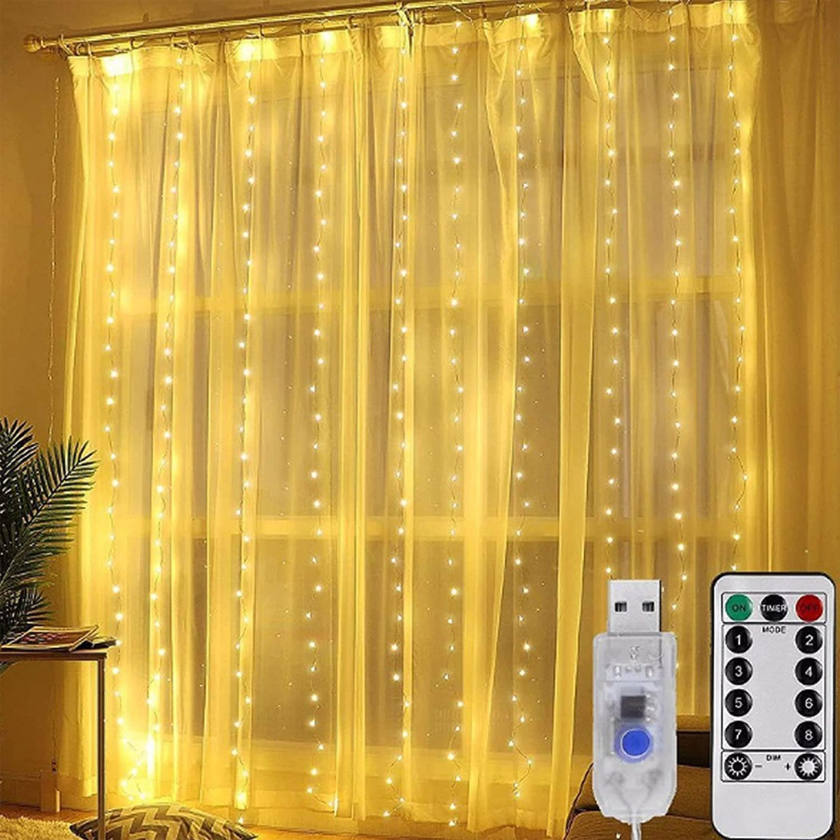 Gelbe Vorhanglichter mit Fernbedienung und USB-Anschluss.