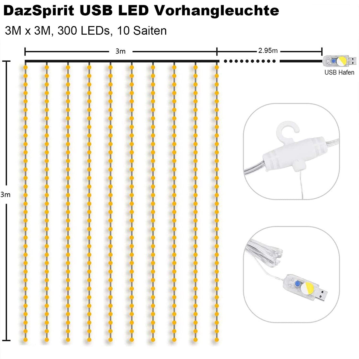 Ein Diagramm einer USB-LED-Vorhangleuchte, 3x3M, 300 LEDs, 10 Stränge, mit angegebenen Abmessungen.