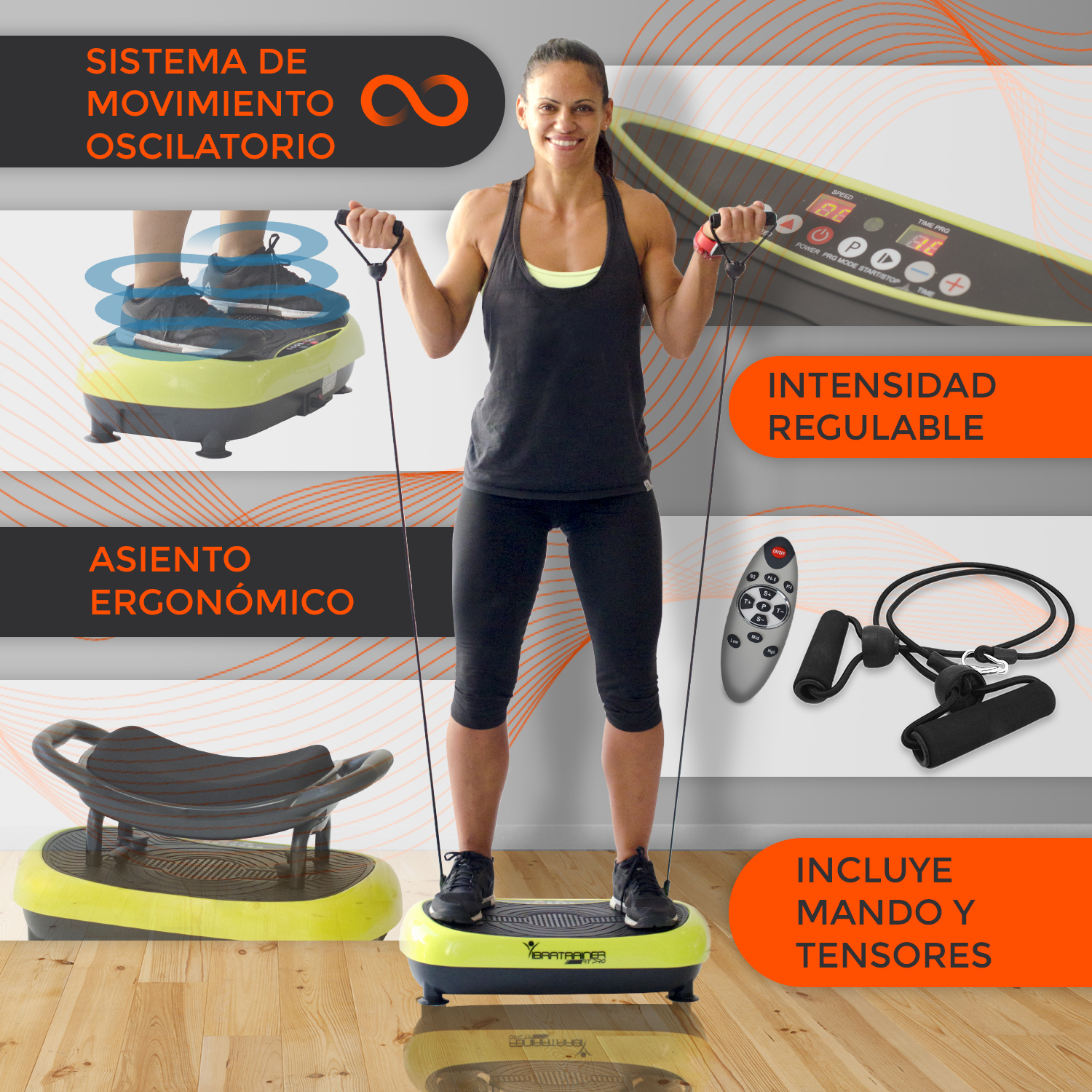 Mujer en plataforma vibratoria. Con manijas y pantalla. Equipamiento adicional.