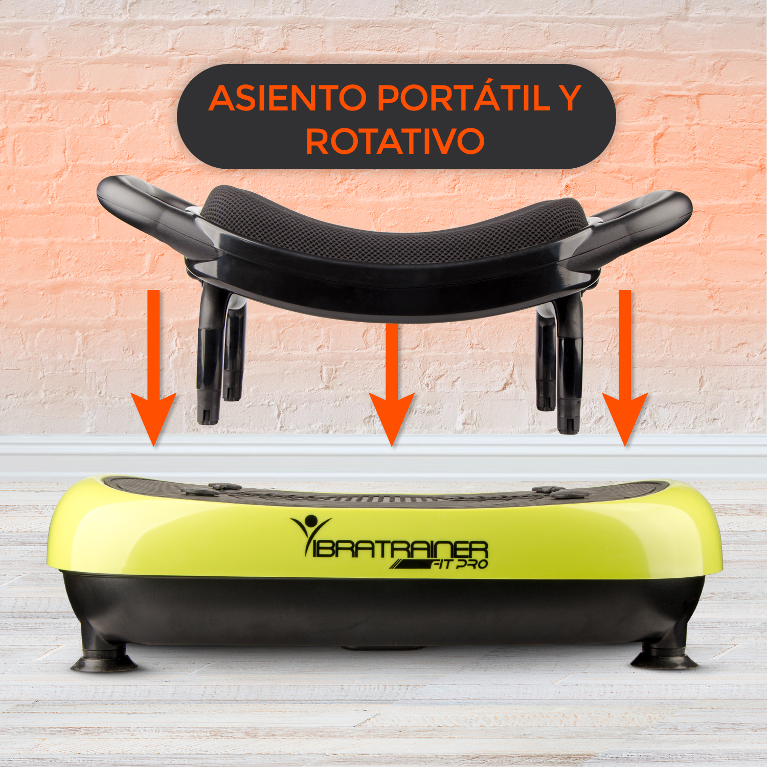 Máquina de vibración con asiento. Flechas señalan a la máquina. Texto 'VibraTrainer'.