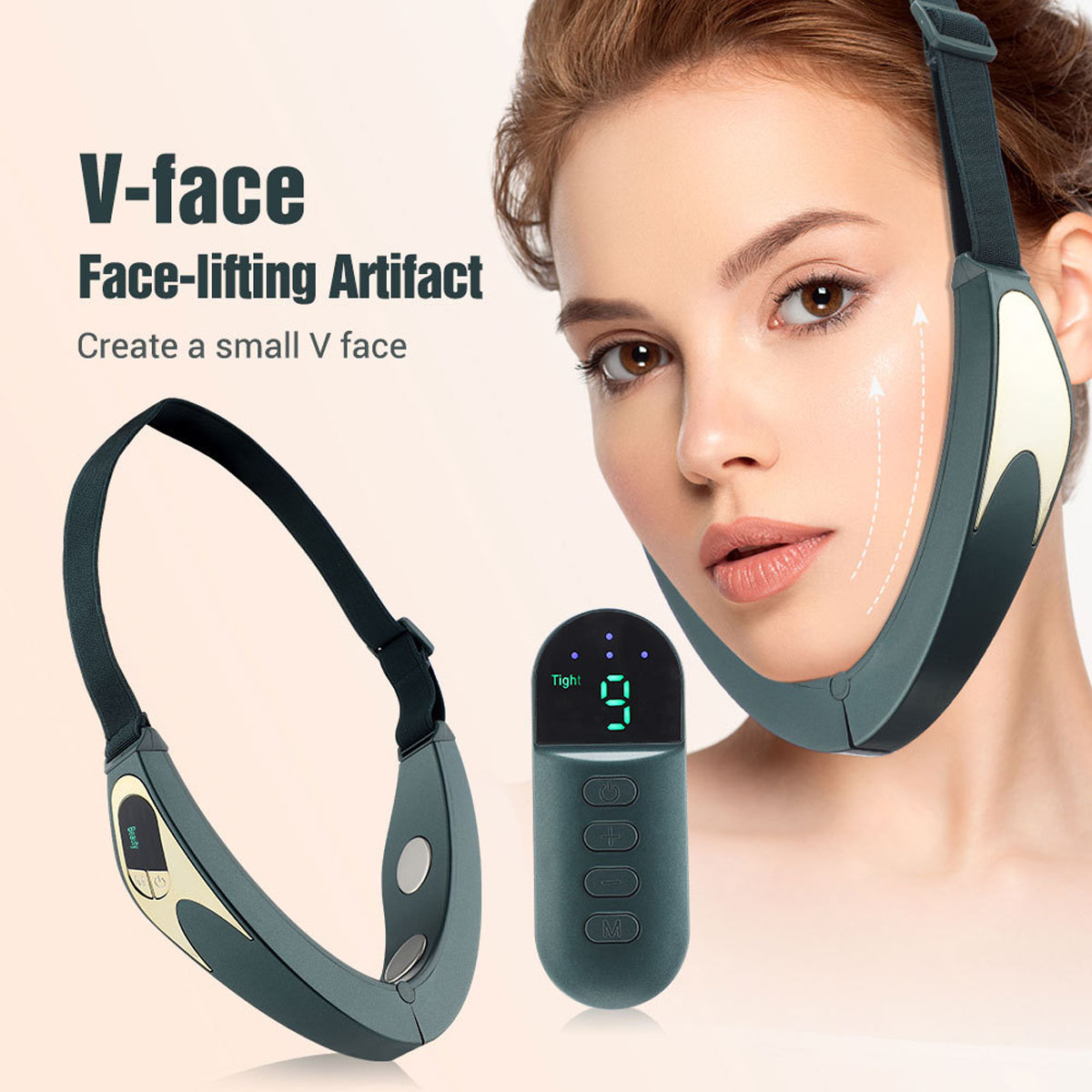 Eine Frau, die ein V-Face-Lifting-Artefakt und eine Fernbedienung verwendet, mit einem Beispiel des Geräts.
