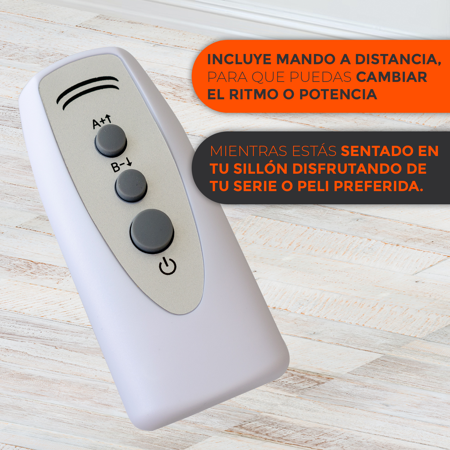Un control remoto blanco con botones y texto. El fondo es de madera.