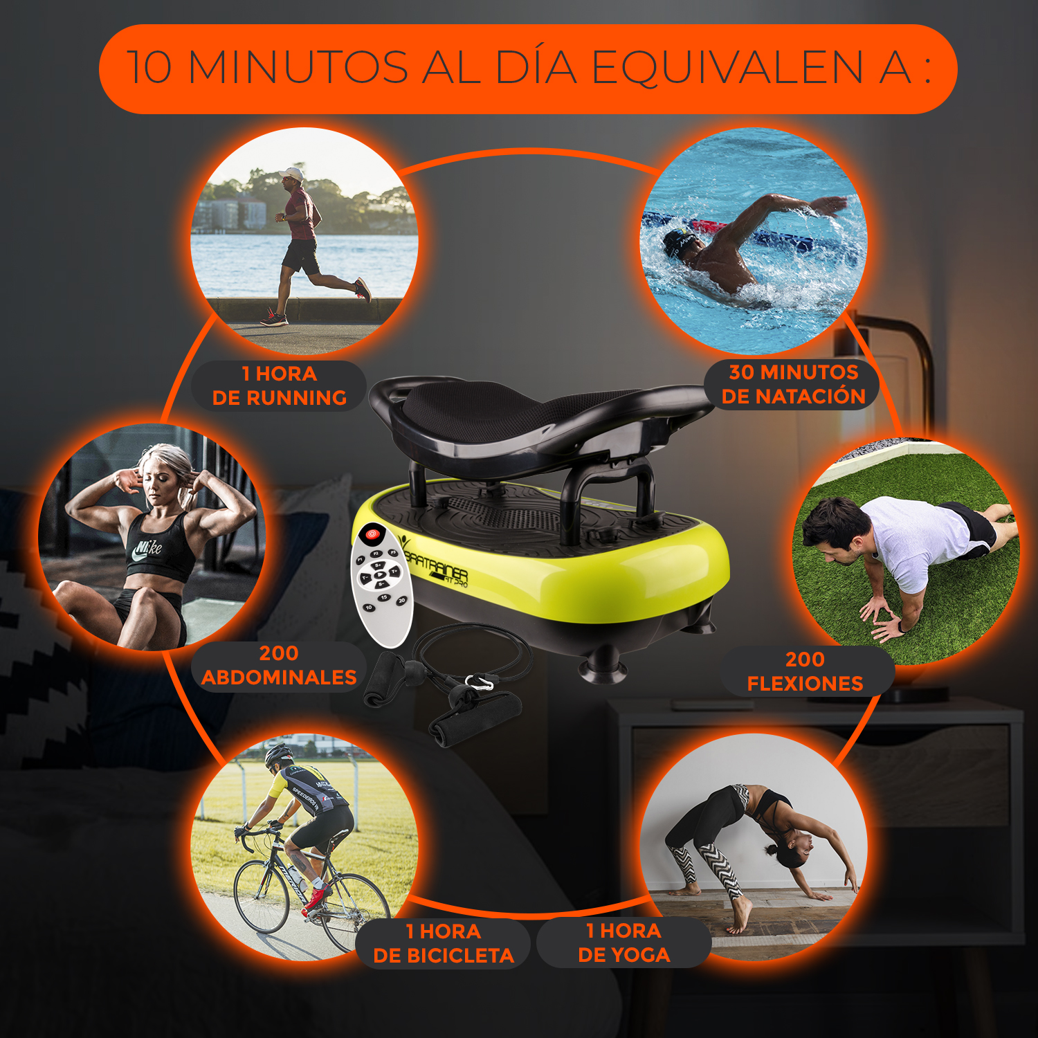 Plataforma vibratoria con gente haciendo ejercicio. Texto: 10 minutos al día equivalen a. Ejemplos de ejercicio.