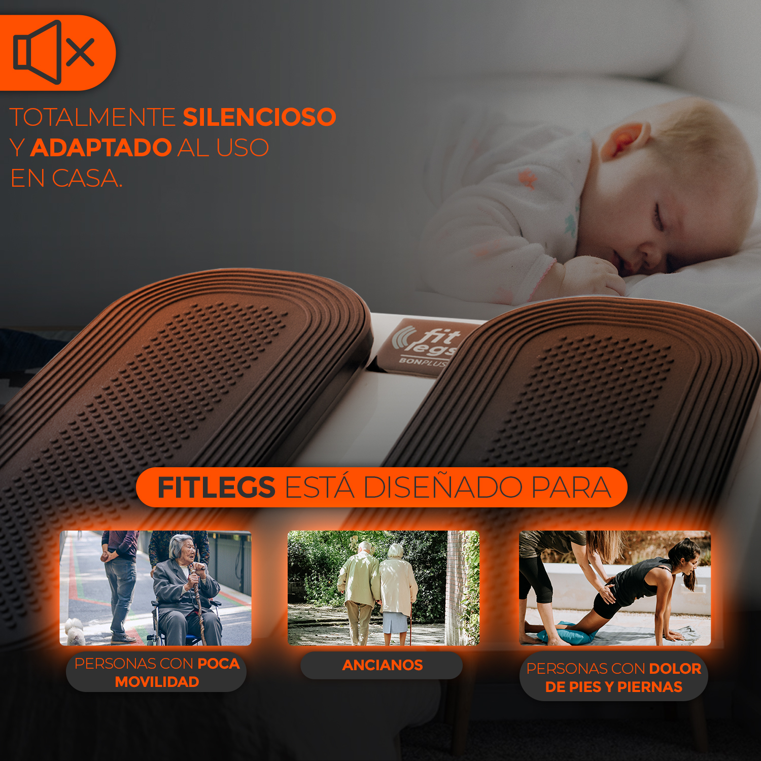 Imagen con texto e ilustraciones sobre un dispositivo de fitness, mostrando a personas usándolo para diversas necesidades.