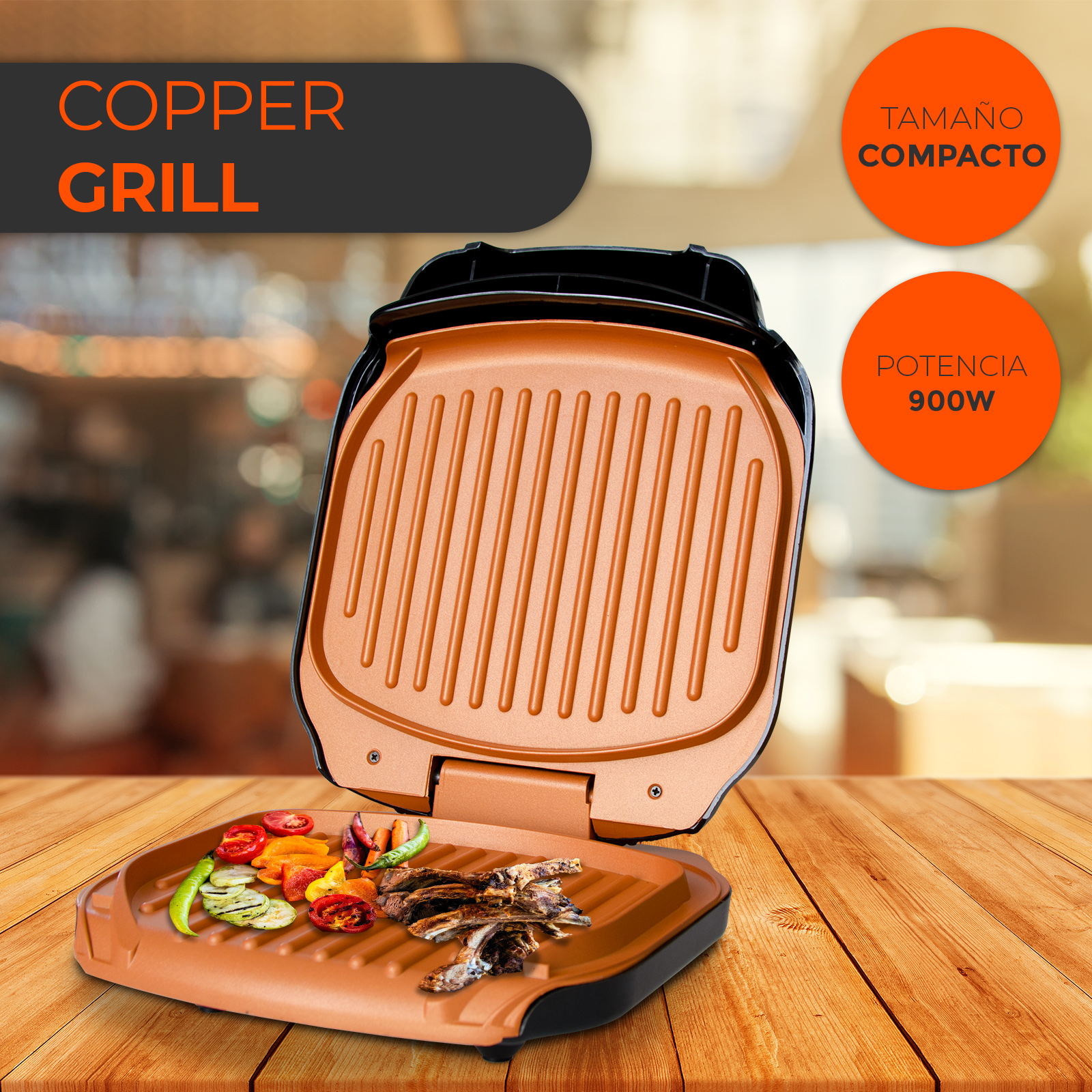 Parrilla de cobre con comida, con texto que dice 'Copper Grill', 'Tamaño compacto' y 'Potencia 900W' sobre una superficie de madera.