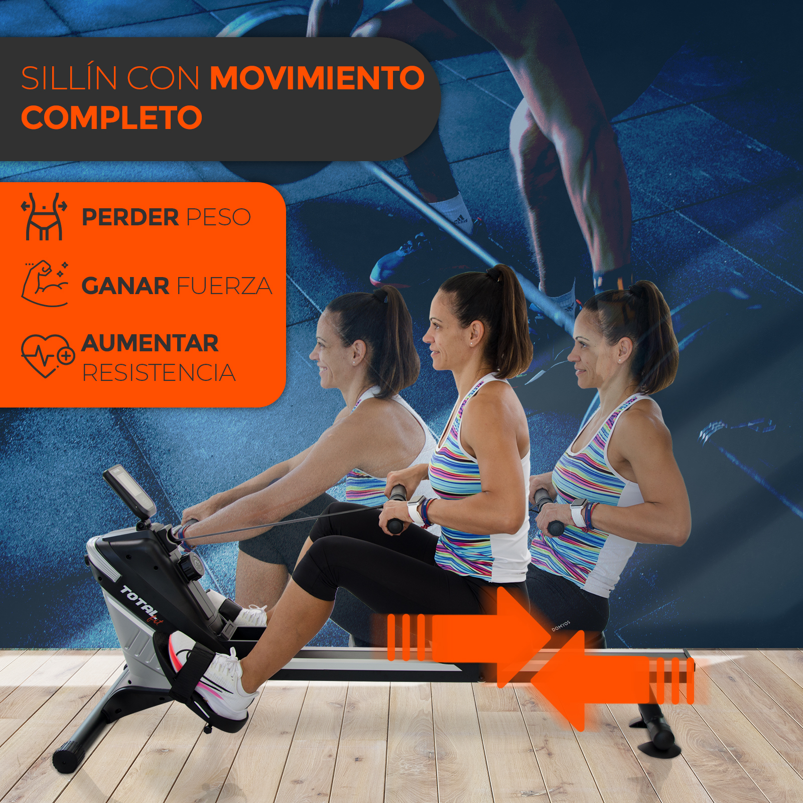 Tres mujeres remando en máquina, con flechas que indican perder peso, ganar fuerza y resistencia.