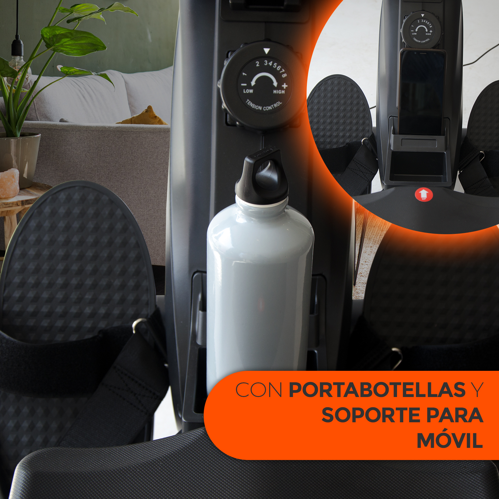 Máquina de remo negra y gris con botella de agua y soporte para teléfono.