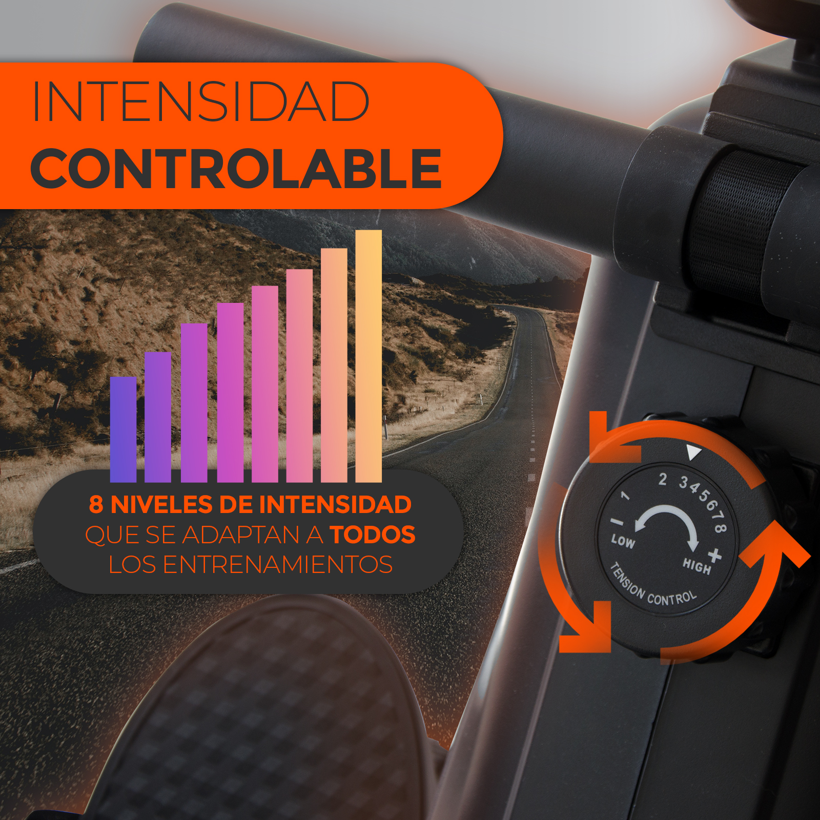 Imagen de una bicicleta estática con un dial y un gráfico de niveles de intensidad, y una carretera.