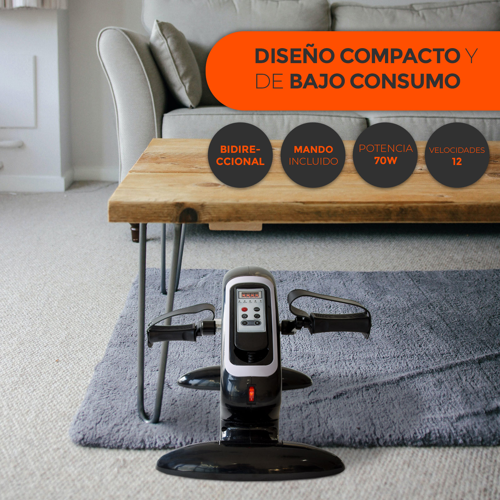 Una bicicleta estática con una mesa de madera y un sofá al fondo.