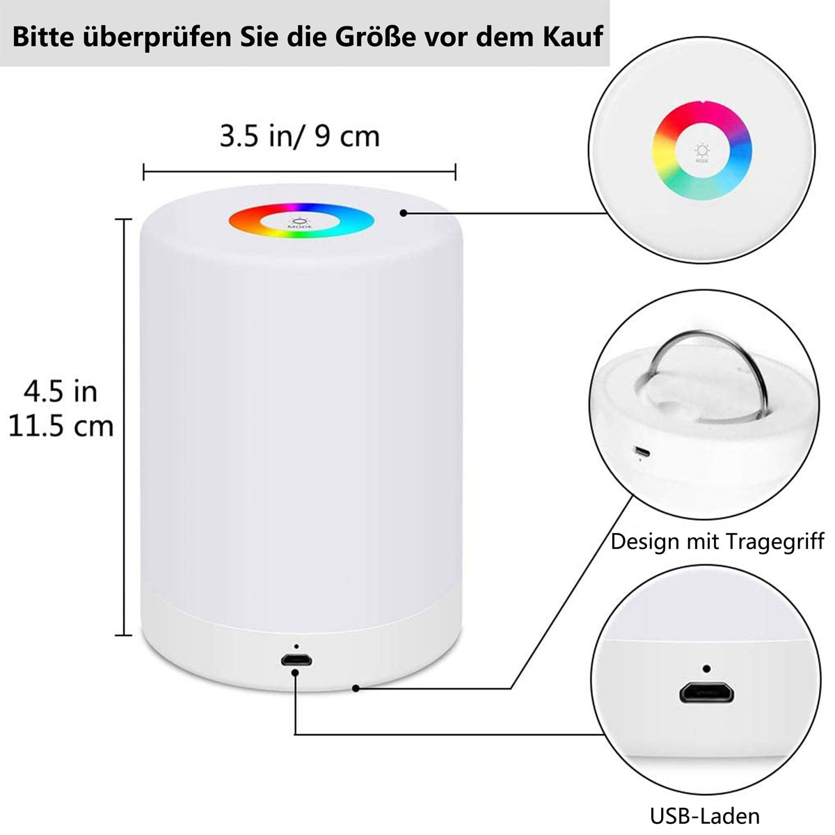 Weiße Touch-Lampe mit Details wie USB-Anschluss, Touch-Steuerung und Maßen. Textlabels.