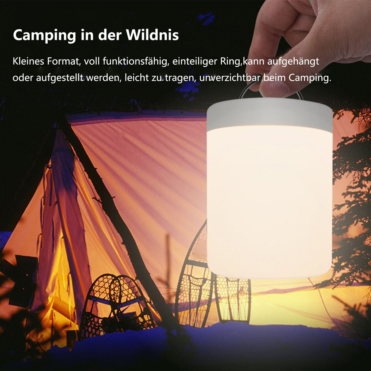 Eine Camping-Szene mit Zelt und leuchtender Laterne im Vordergrund.