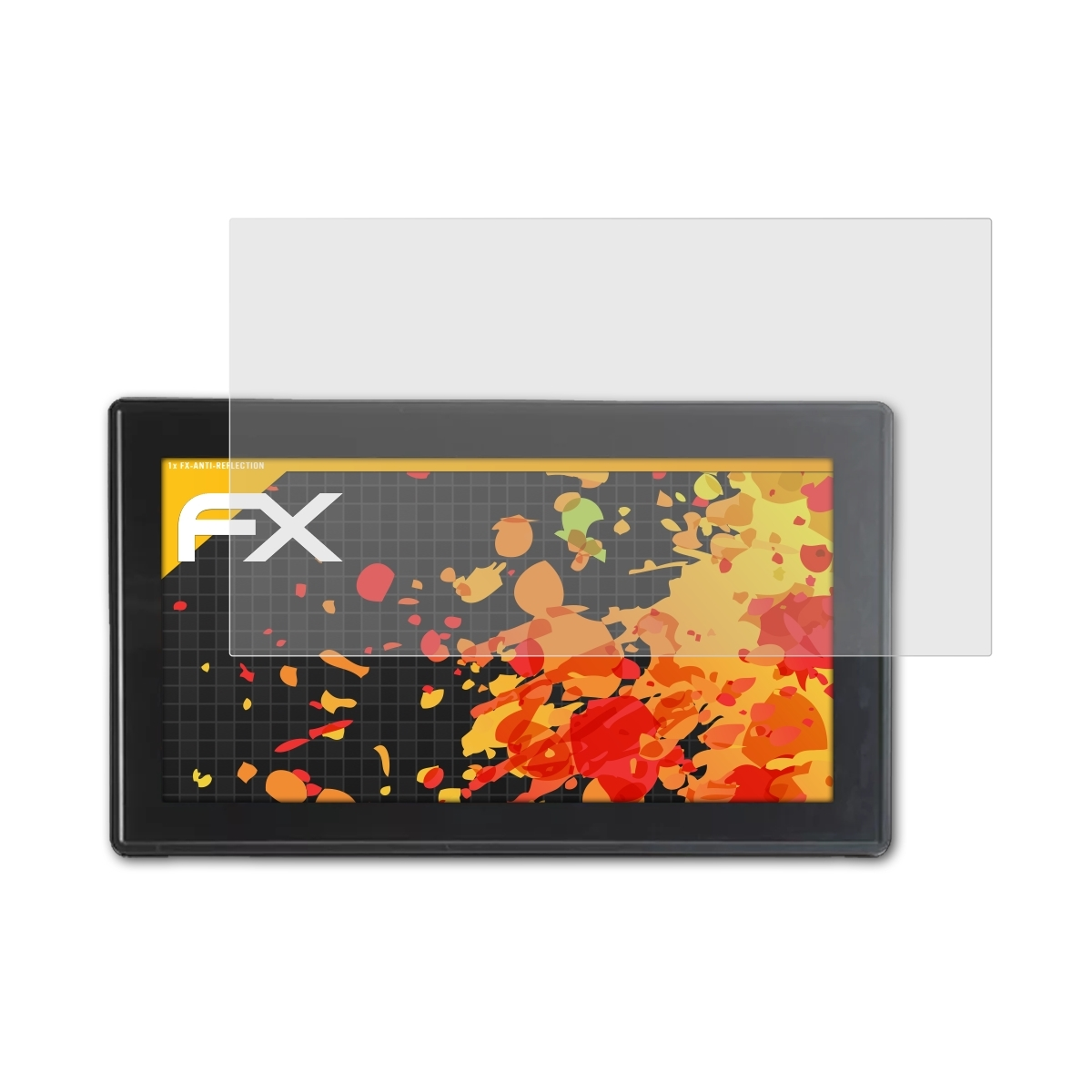 Tablet mit Displayschutz, der ein farbenfrohes Design auf schwarzem Hintergrund zeigt.