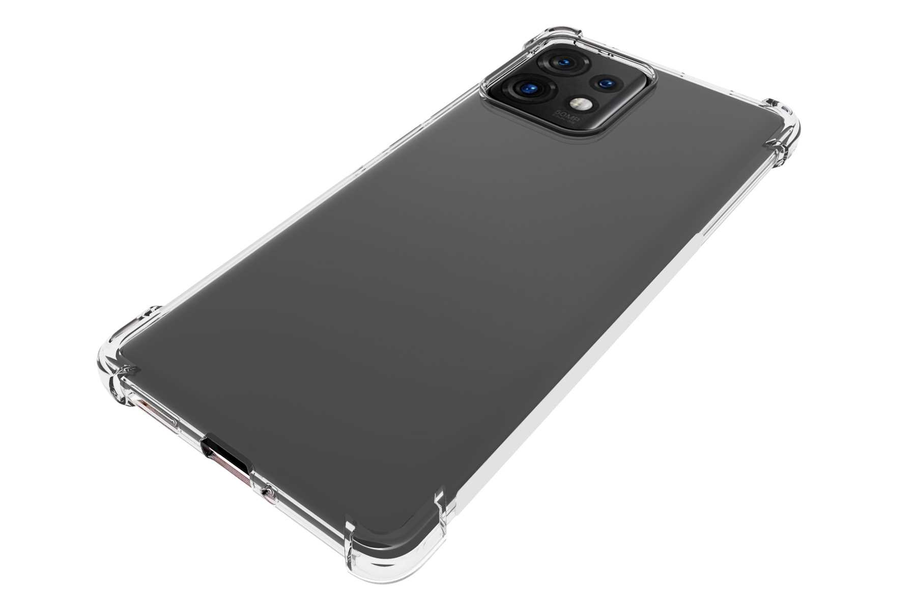 Eine transparente Handyhülle auf einem Telefon, mit Dreifachkamera, vor weißem Hintergrund.