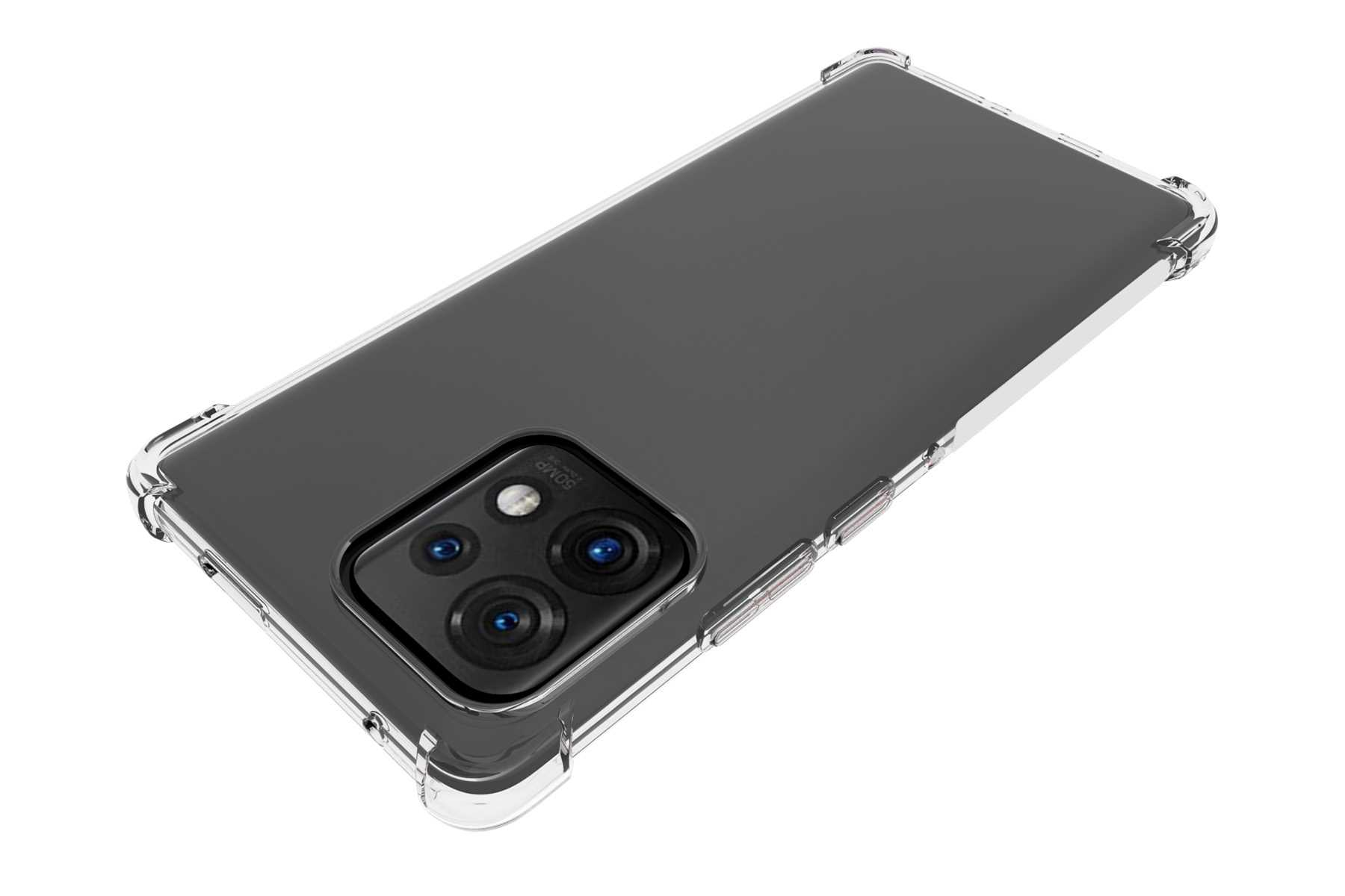 Transparente Handyhülle auf einem schwarzen Telefon mit Kamera. Weißer Hintergrund. Telefon sichtbar.