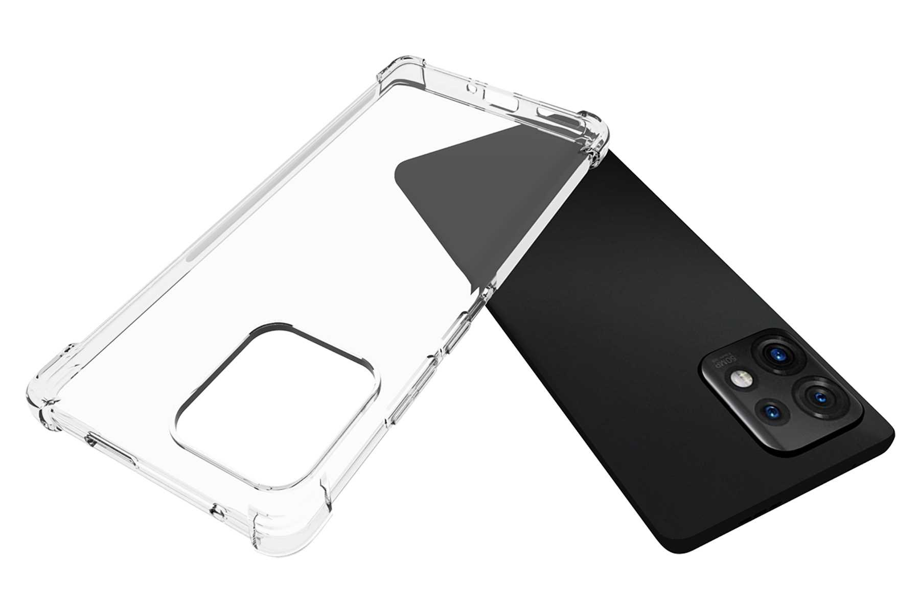 Transparente Handyhülle mit einem Handy. Das Handy hat eine schwarze Rückseite. Weißer Hintergrund.