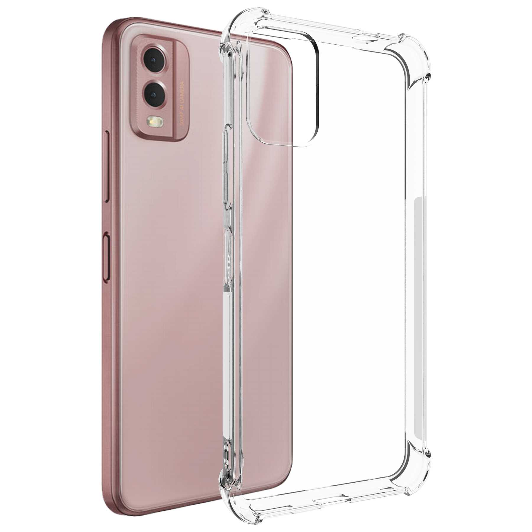Ein rosa Telefon in einer transparenten Schutzhülle.