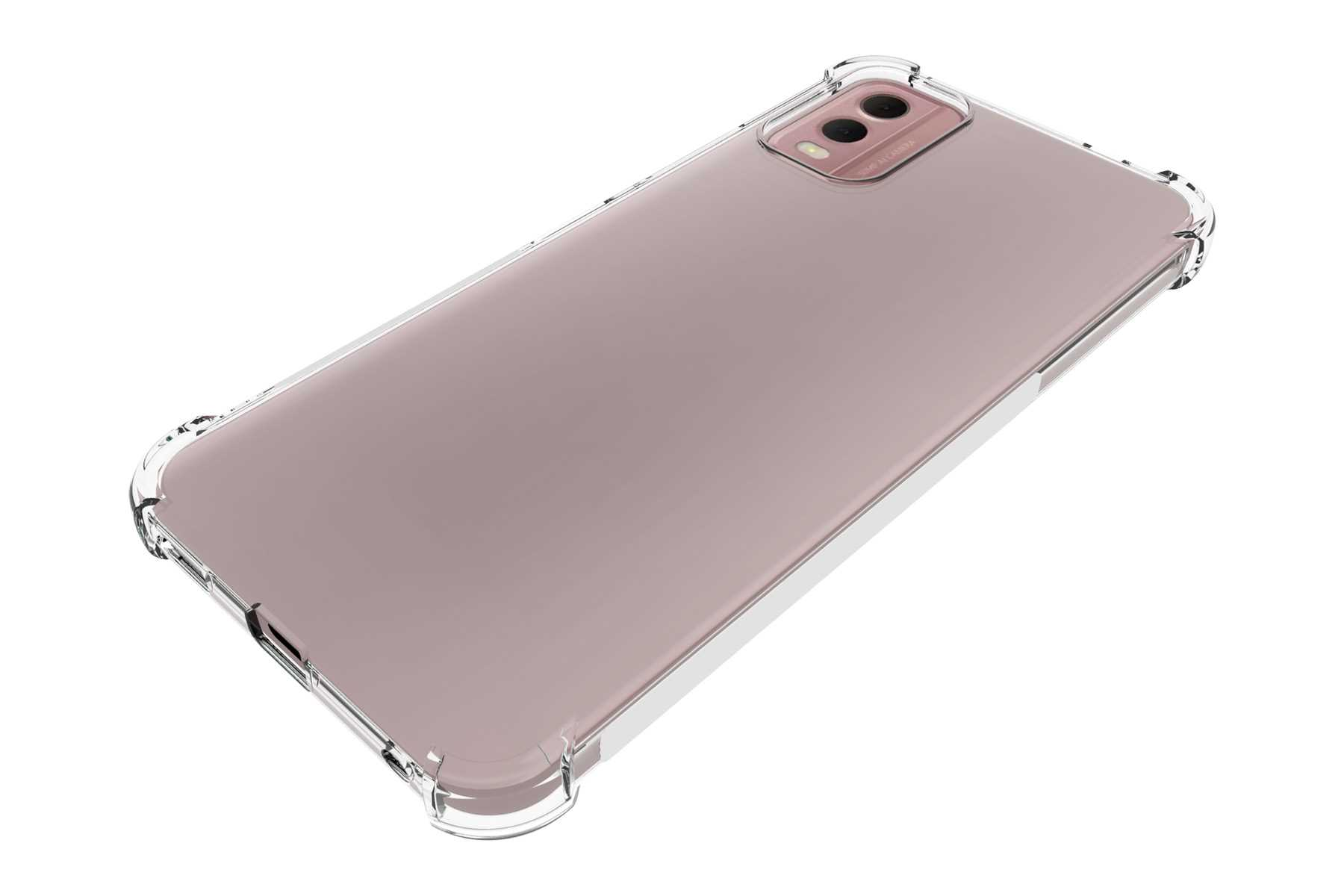 Eine transparente Schutzhülle auf der Rückseite eines rosa Telefons. Die Hülle hat schützende Kanten.