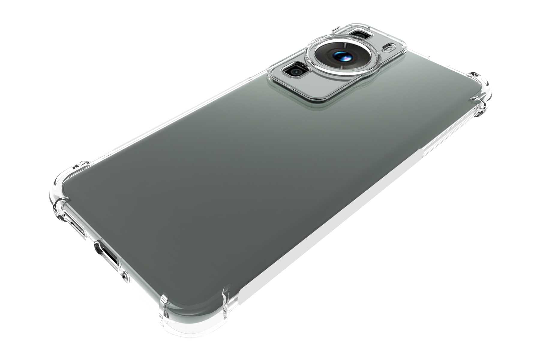 Smartphone mit transparentem Gehäuse. Die Rückkamera ist sichtbar.