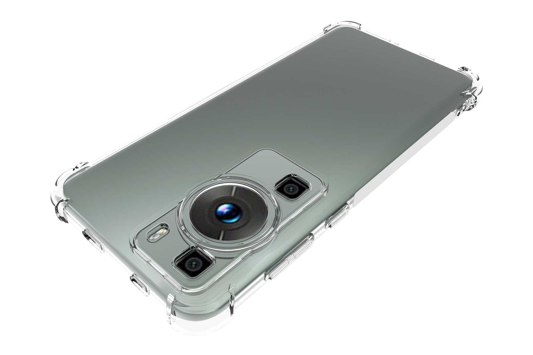 Smartphone-Hülle. Transparente Hülle über einem grauen Smartphone. Hülle hat Schutzkanten um die Kamera.